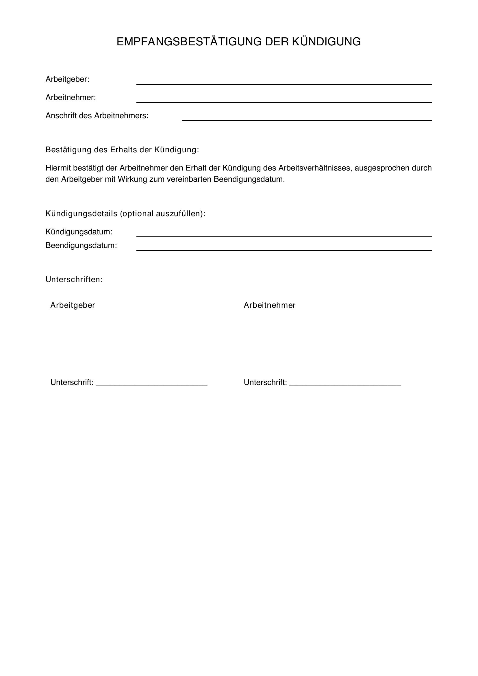 Muster Empfangsbestätigung Kündigung Arbeitnehmer