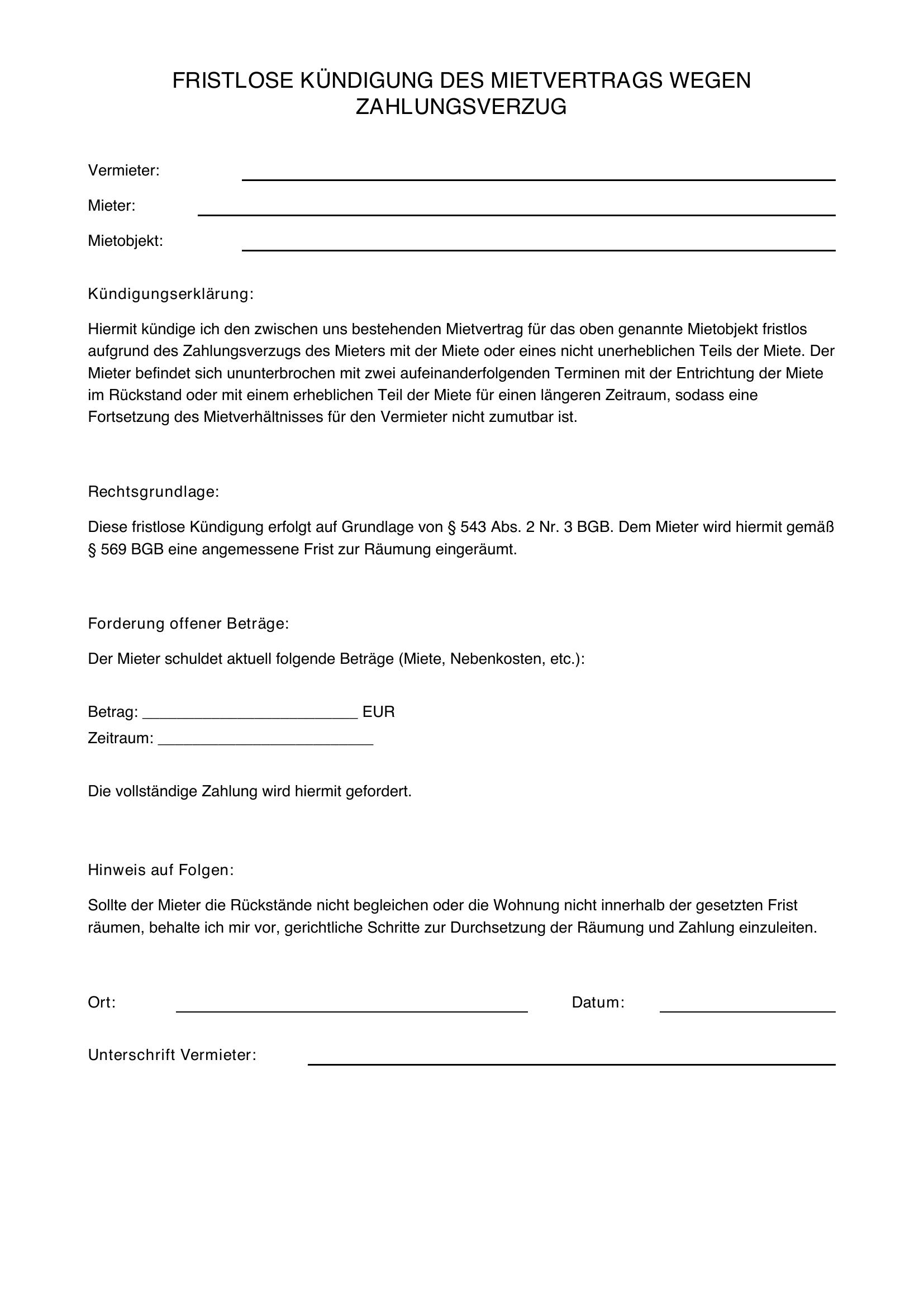 Fristlose Kündigung Mietvertrag Zahlungsverzug Muster