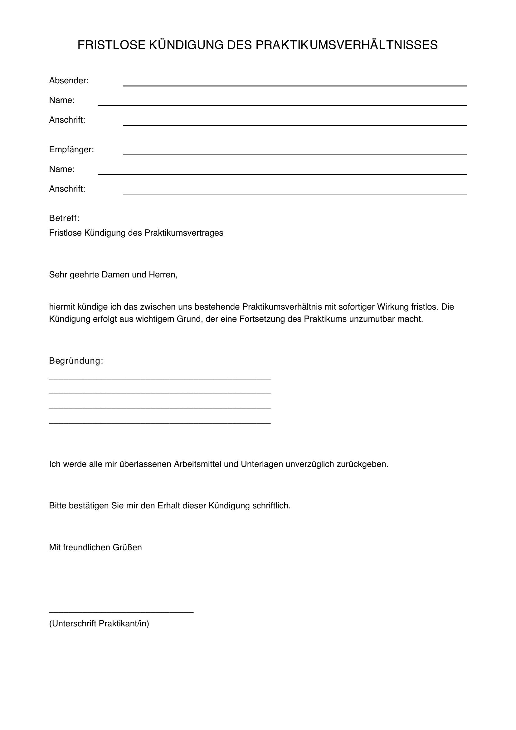 Fristlose Kündigung Praktikum Vorlage