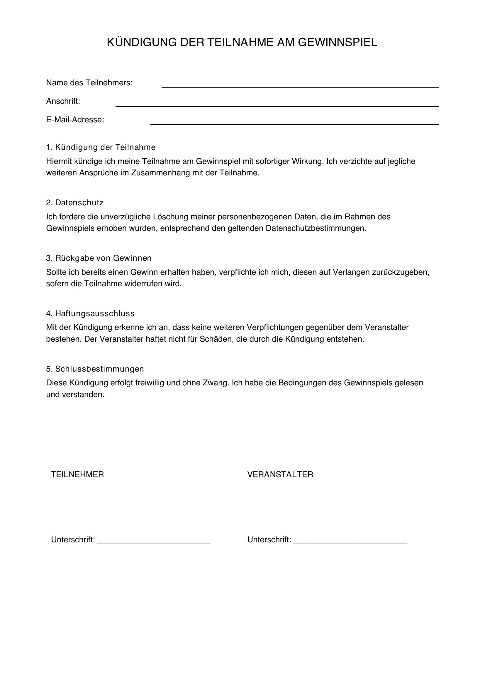 Gewinnspiel Kündigen Vorlage