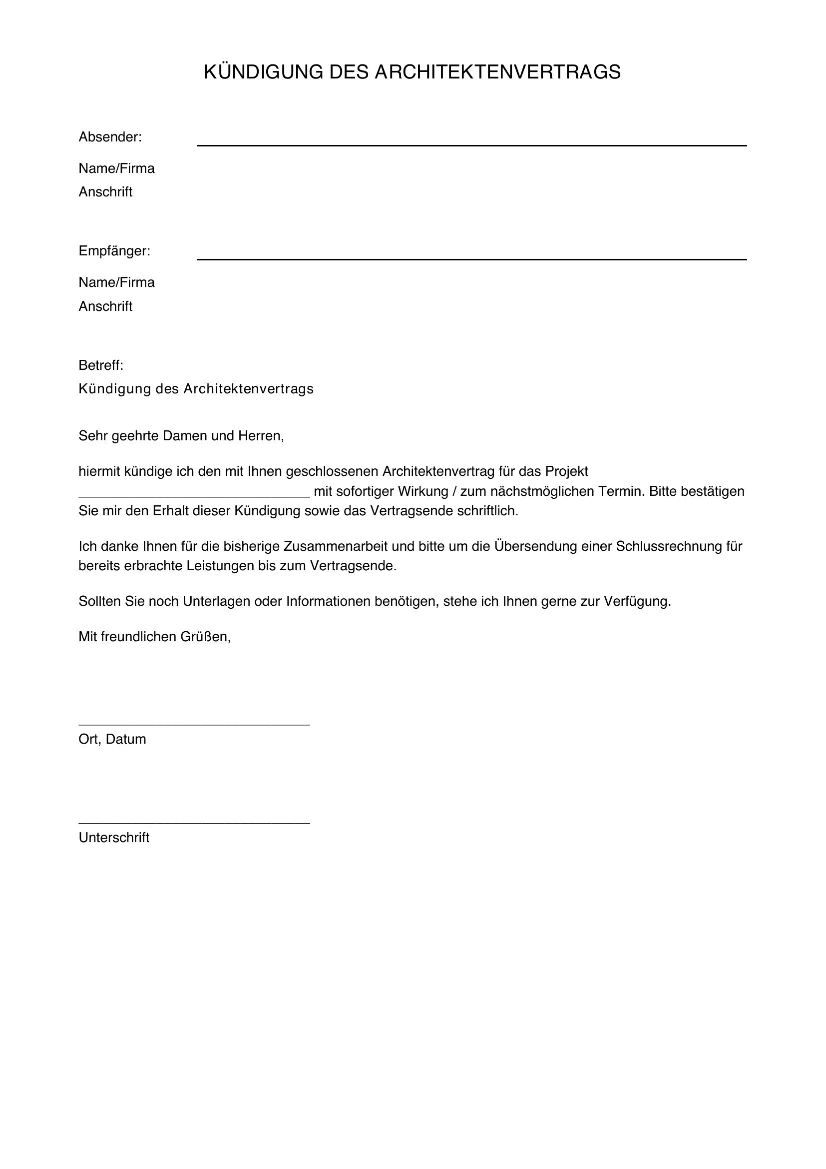 Kündigung Architektenvertrag Muster
