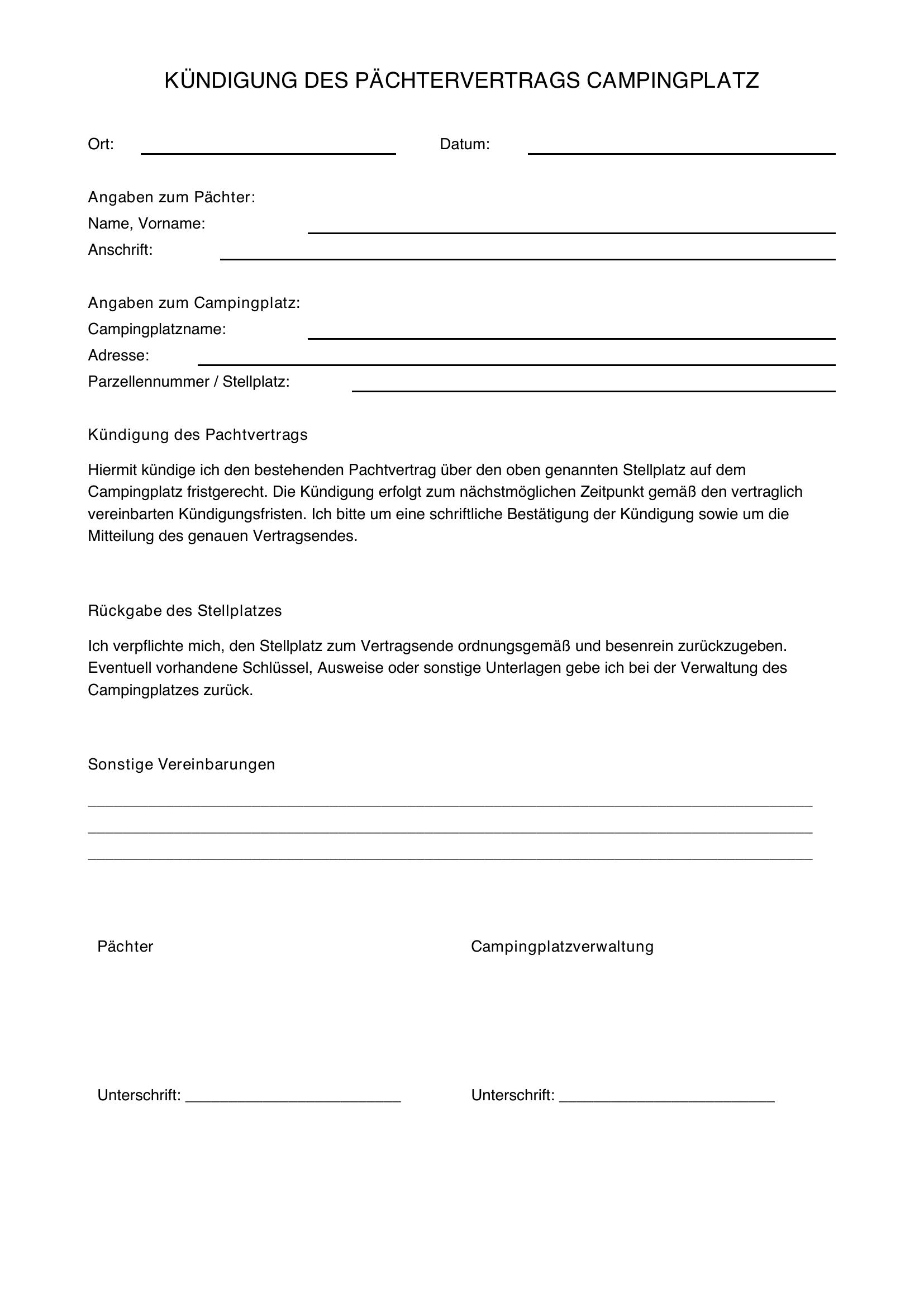 Kündigung Campingplatz Vorlage