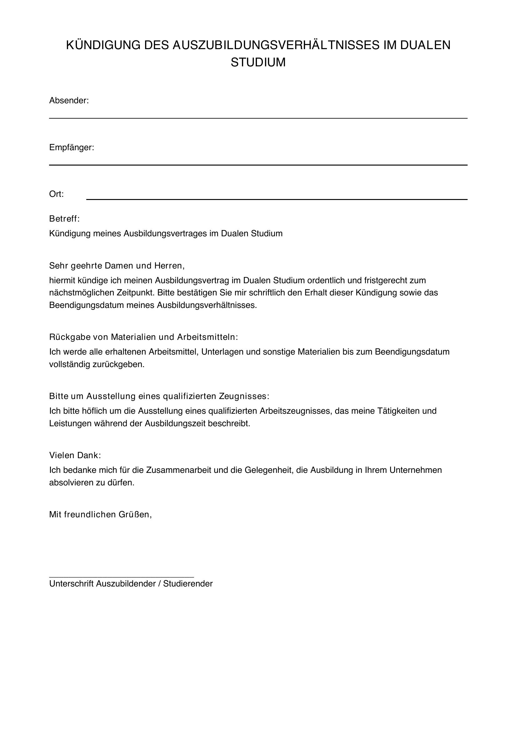 Kündigung Duales Studium Vorlage