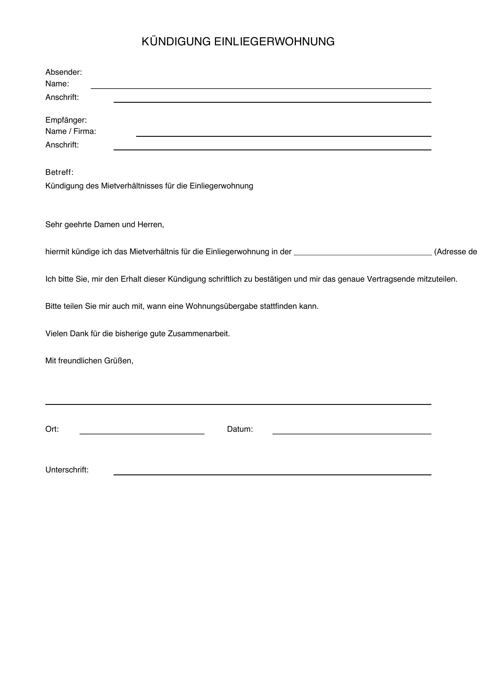 Kündigung Einliegerwohnung Muster
