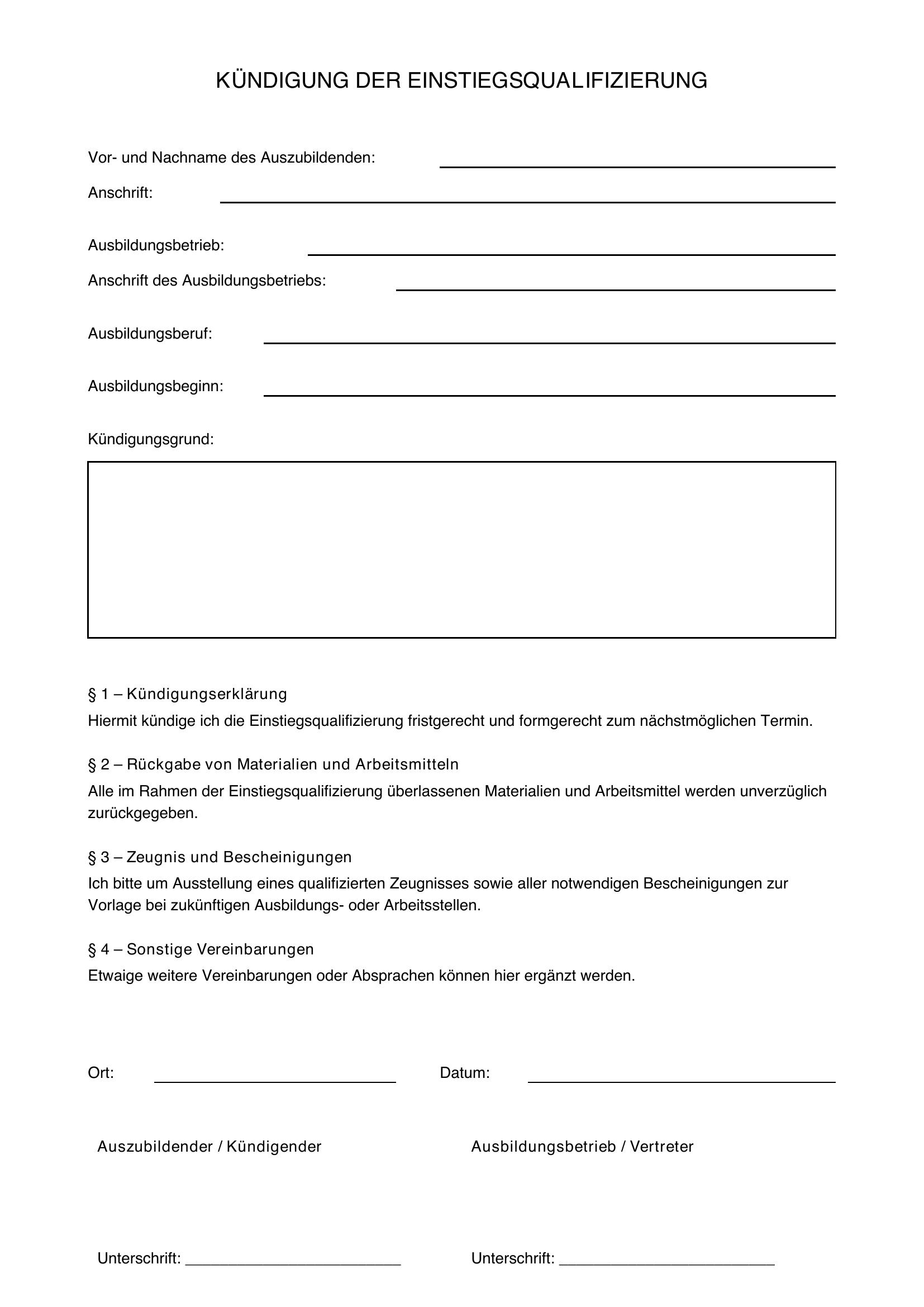 Kündigung Einstiegsqualifizierung Muster