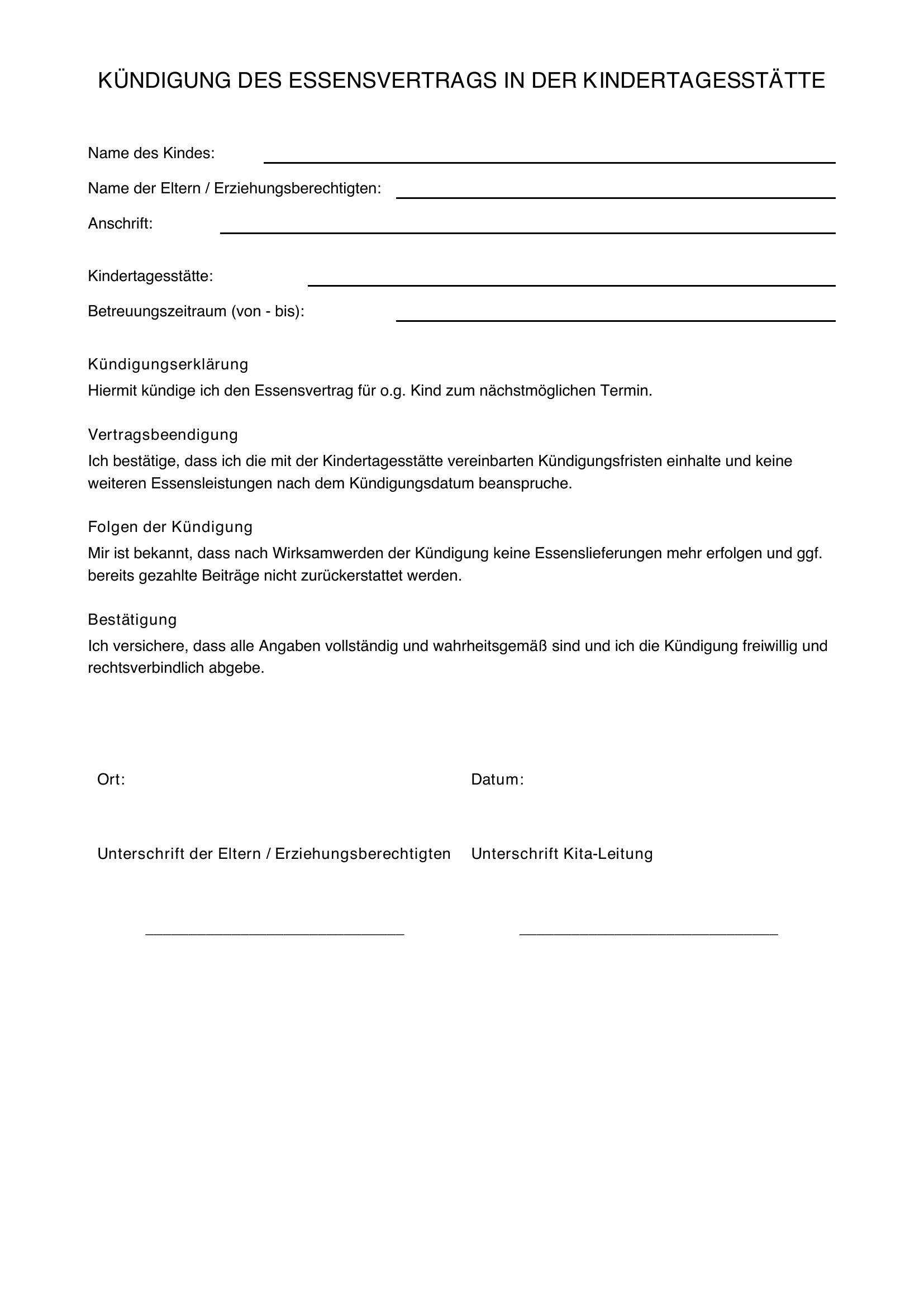 Kündigung Essensvertrag Kita