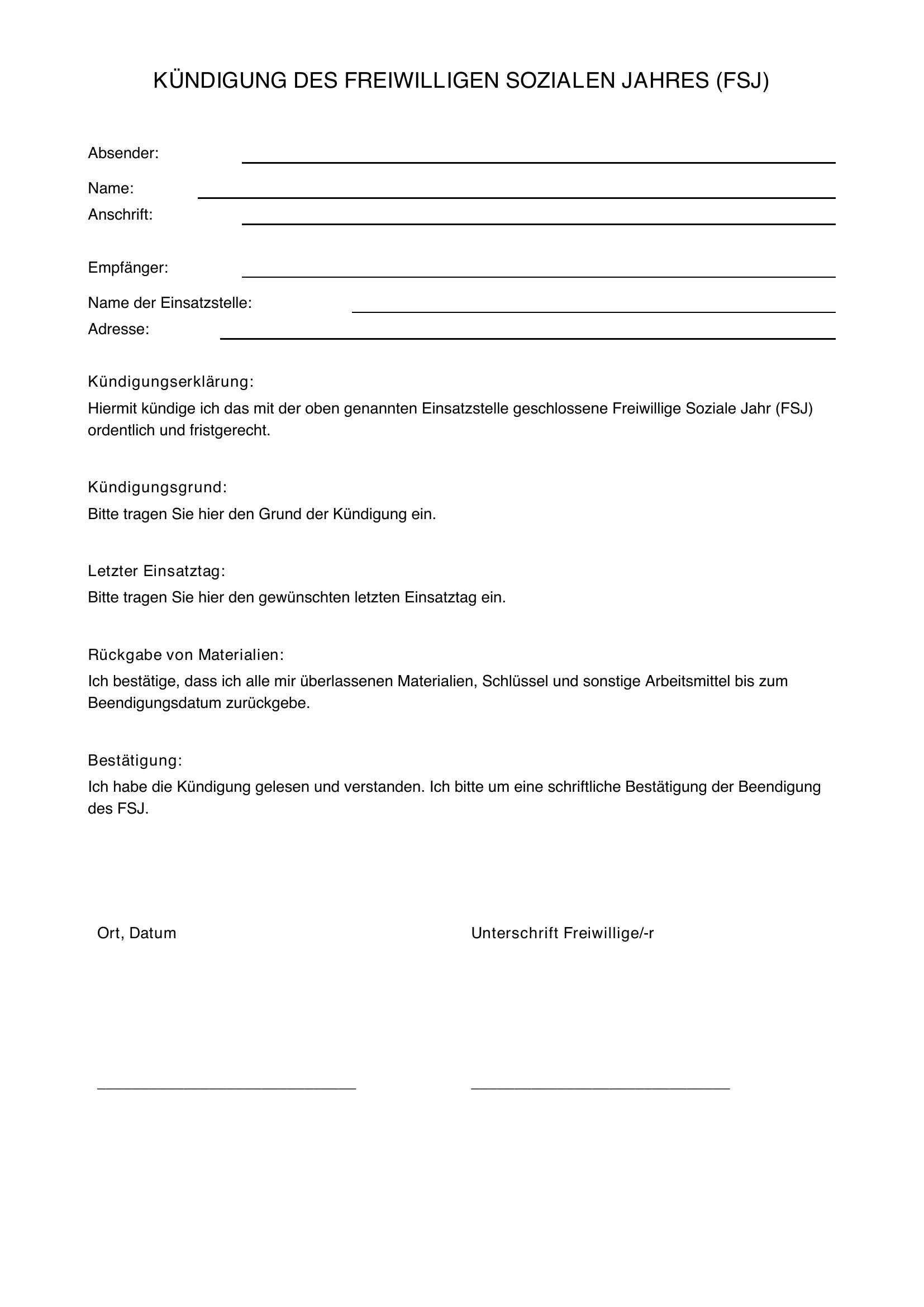 Kündigung Fsj Vorlage