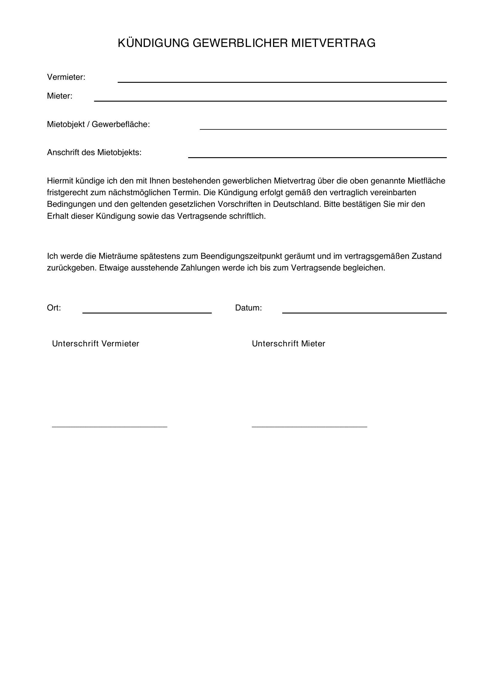 Kündigung Gewerbemietvertrag Vorlage