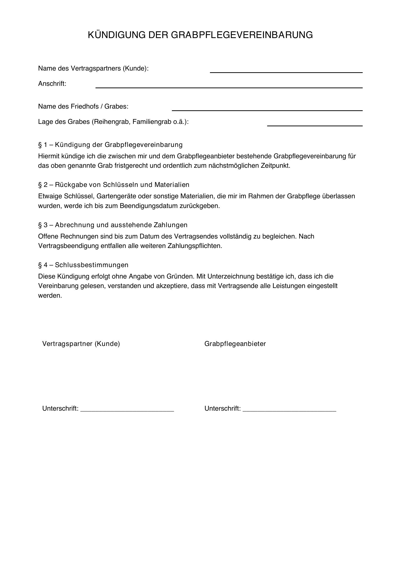 Kündigung Grabpflege Muster