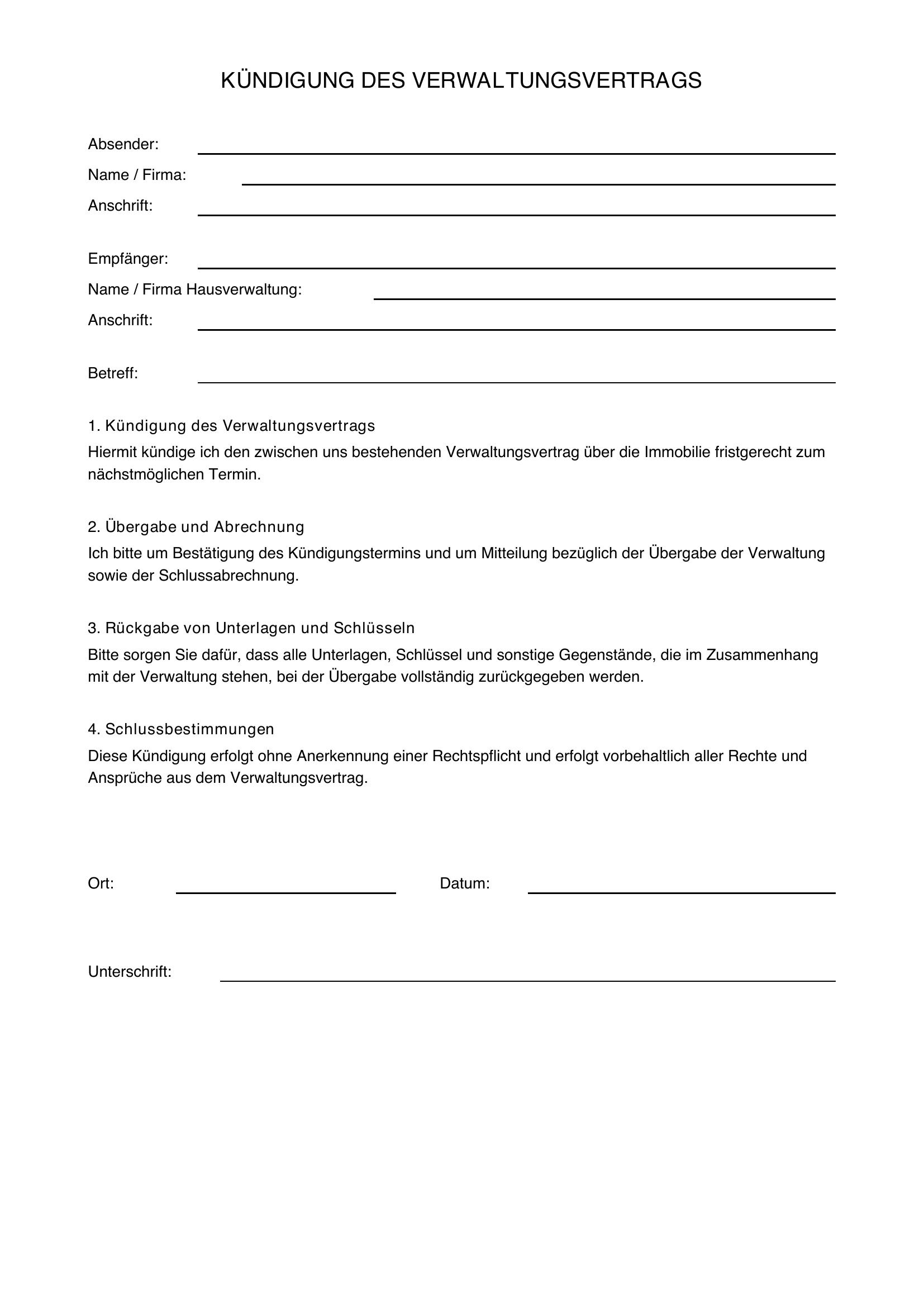 Kündigung Hausverwaltung Vorlage