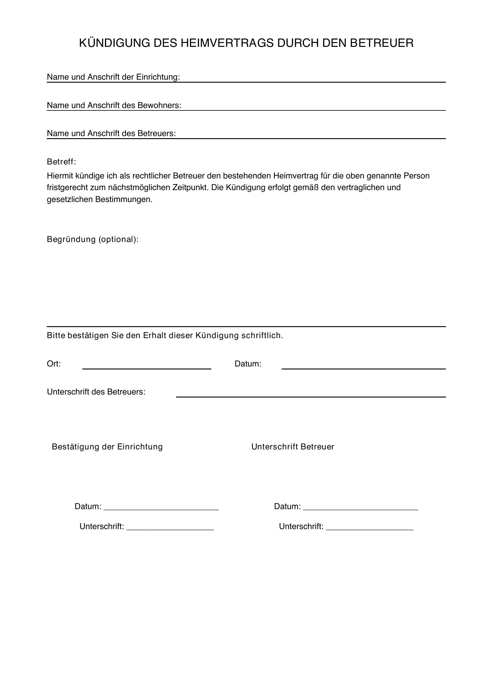 Kündigung Heimvertrag Durch Betreuer Muster