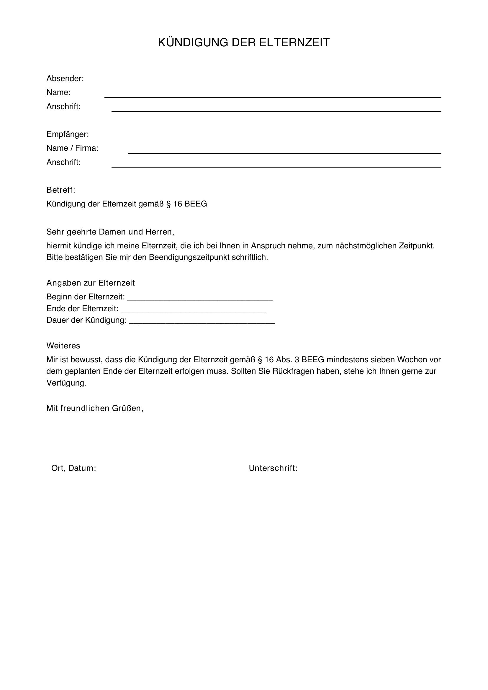 Kündigung In Elternzeit Vorlage