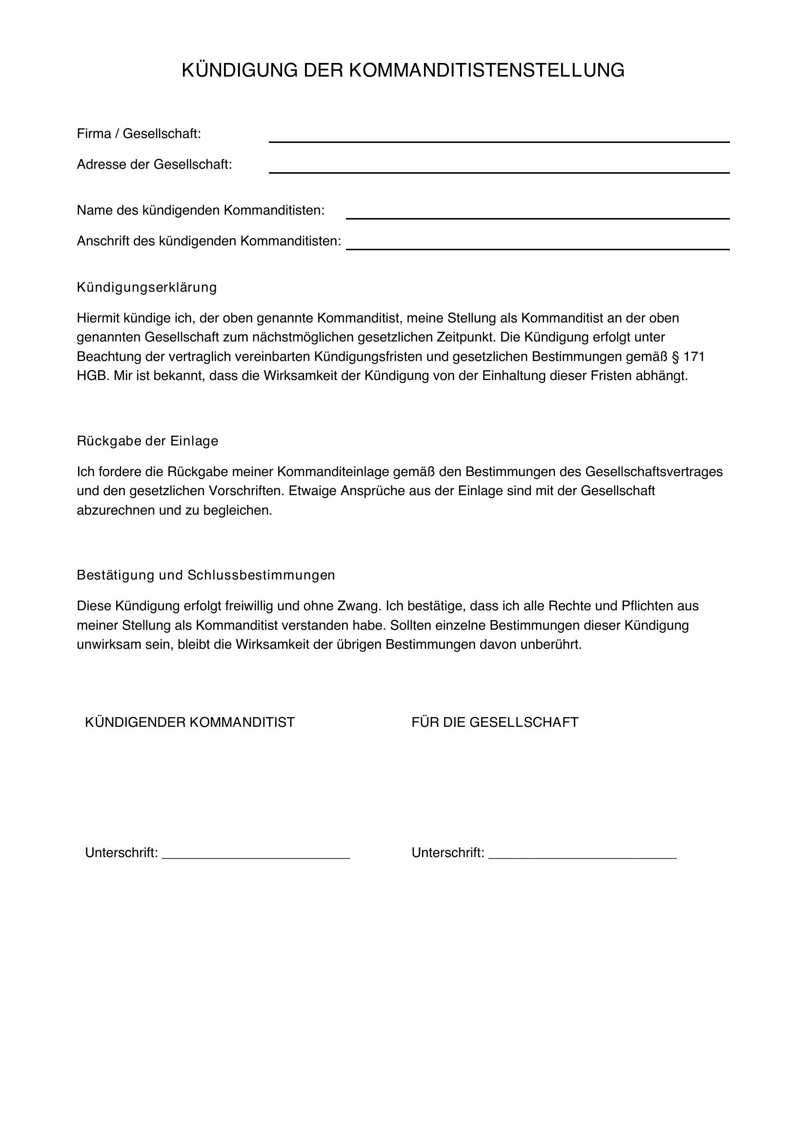 Kündigung Kommanditist Muster