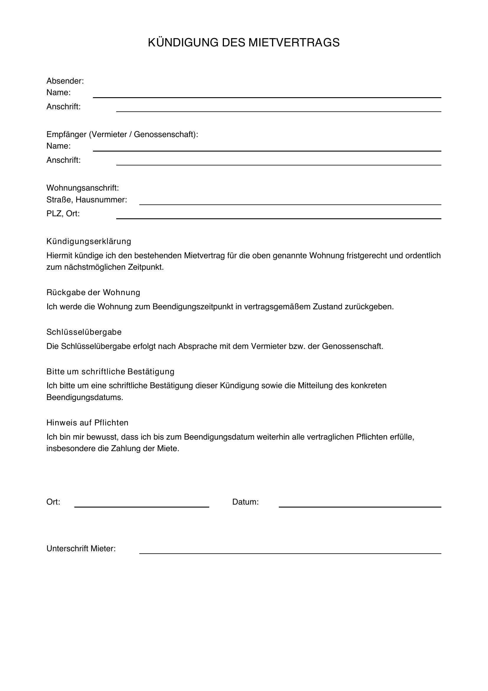 Kündigung Mietvertrag Genossenschaft Vorlage