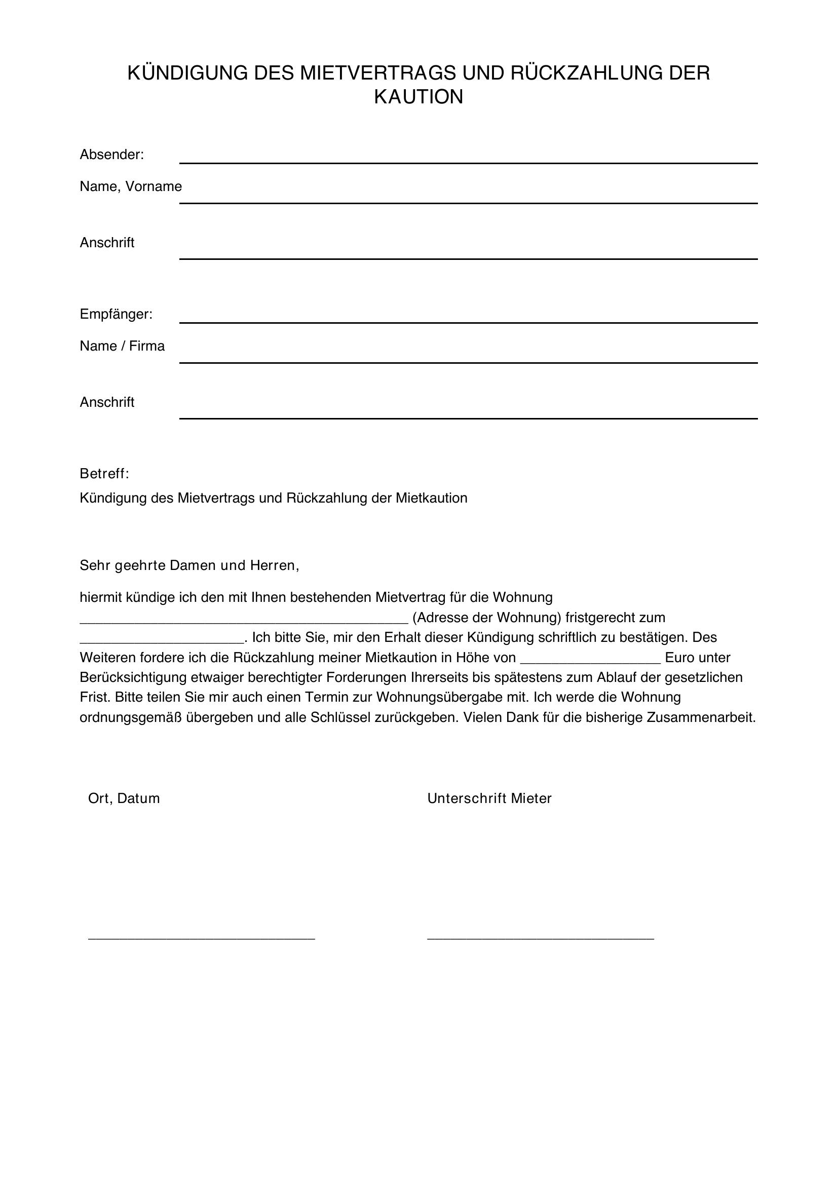 Kündigung Mietvertrag Kaution Vorlage