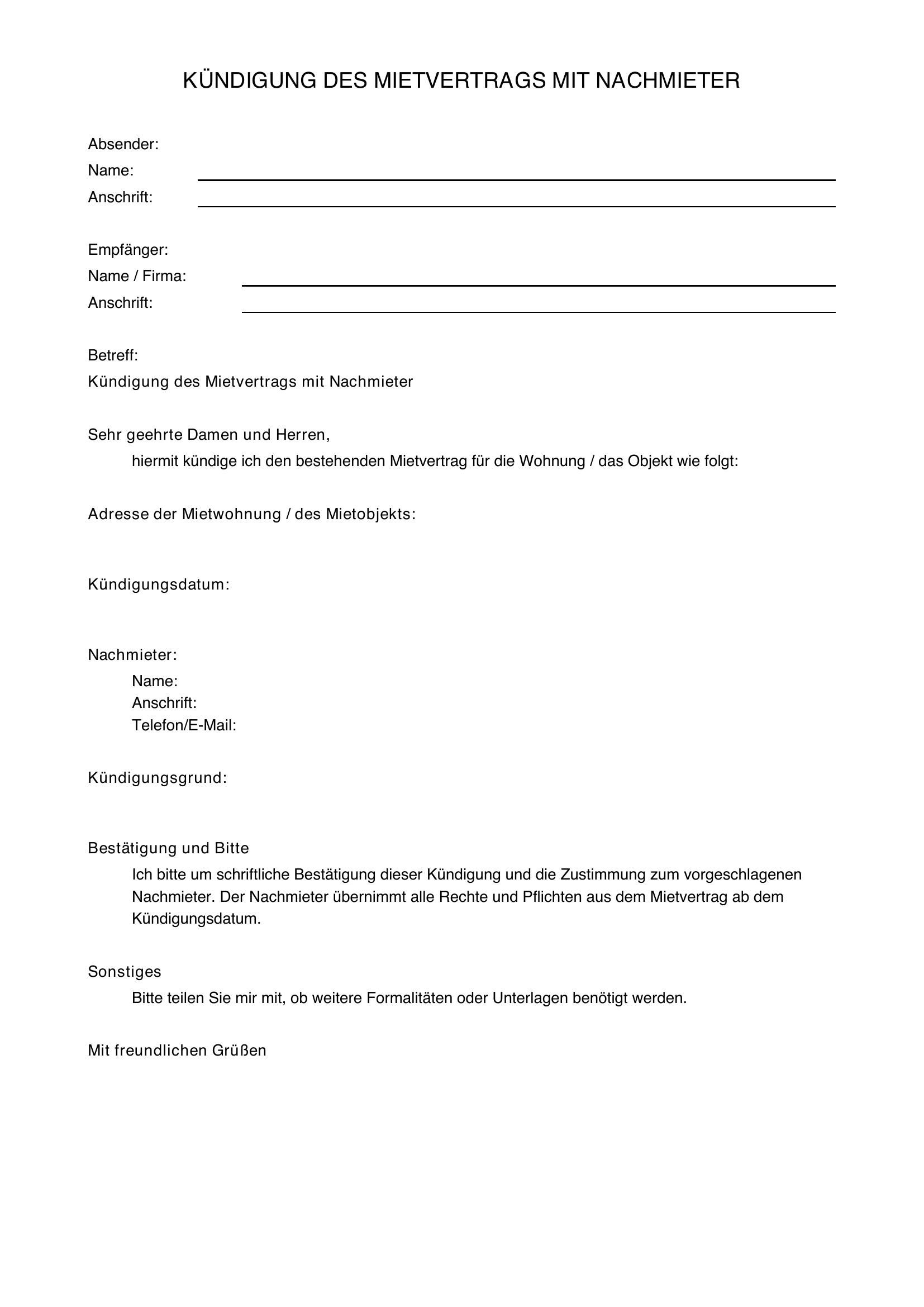 Kündigung Mietvertrag Mit Nachmieter Vorlage