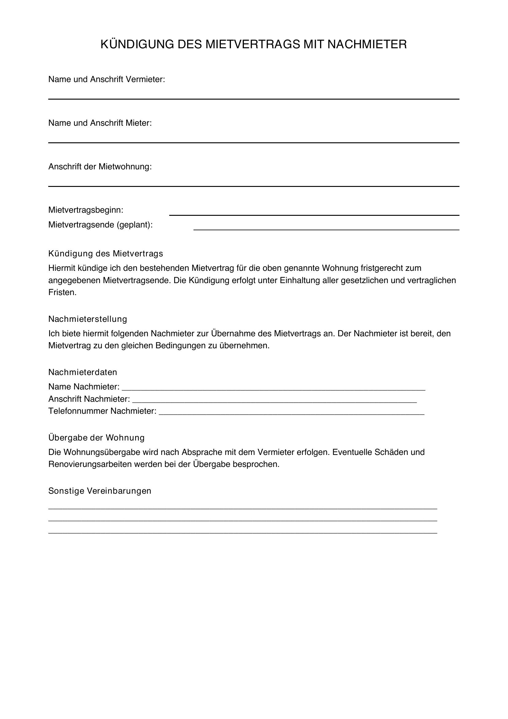 Kündigung Mietvertrag Nachmieter Vorlage