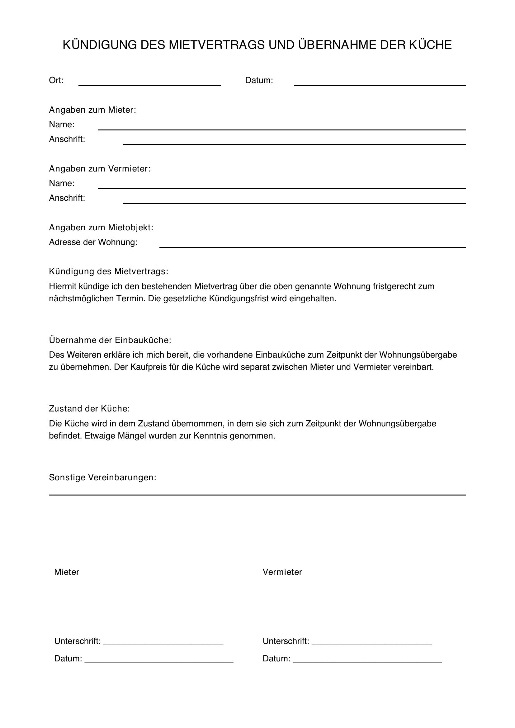 Kündigung Mietvertrag Übernahme Küche Vorlage