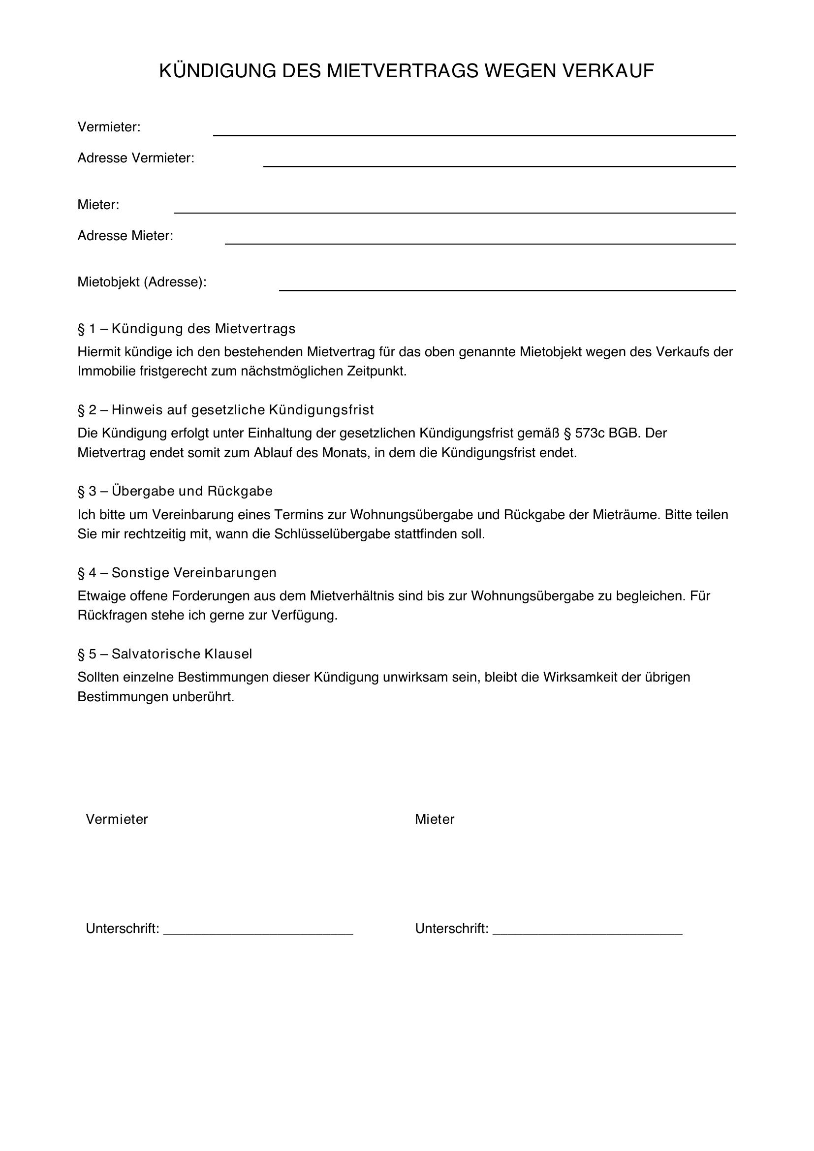 Kündigung Mietvertrag Wegen Verkauf Vorlage
