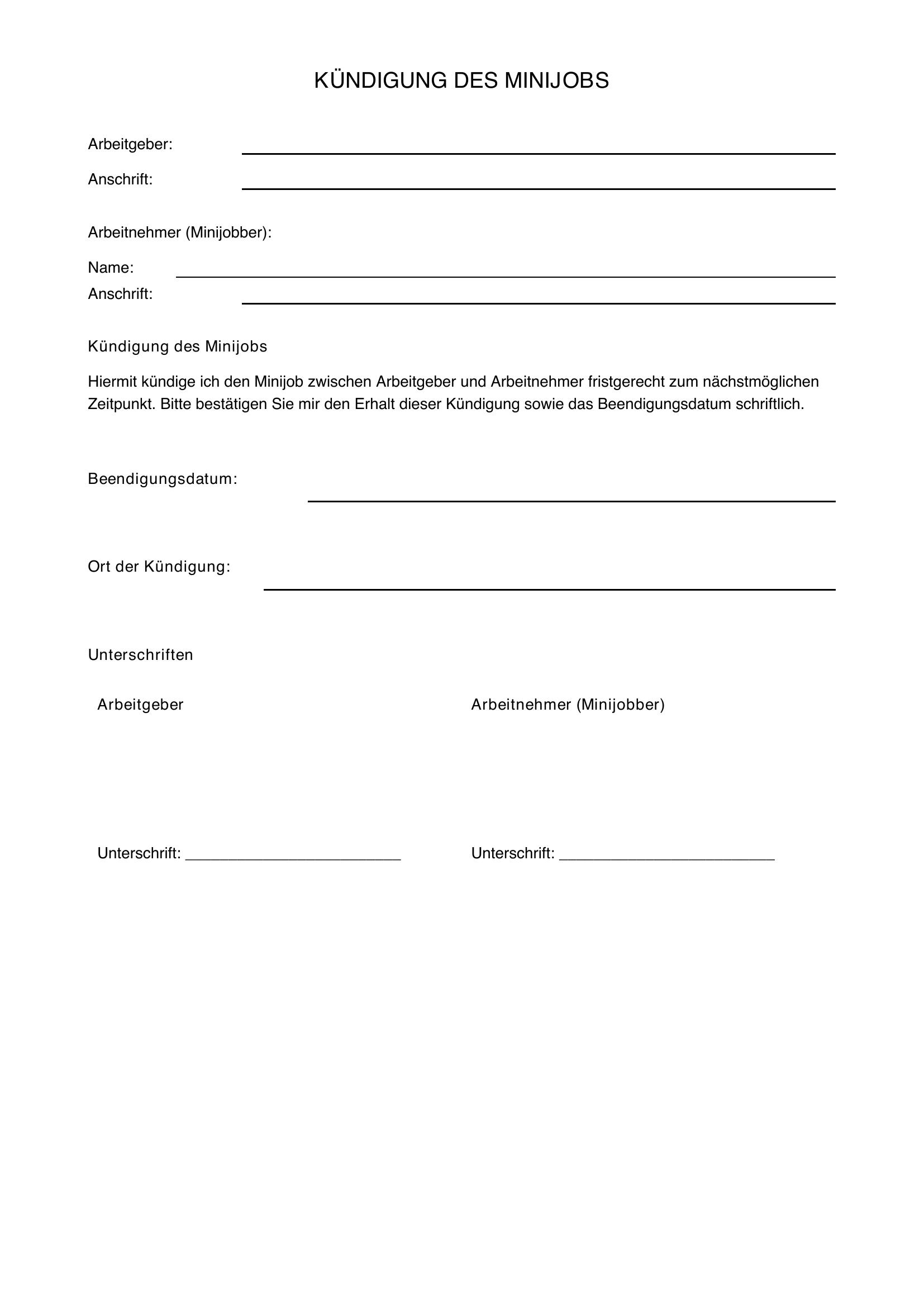 Vorlage Kündigung Minijob Arbeitgeber