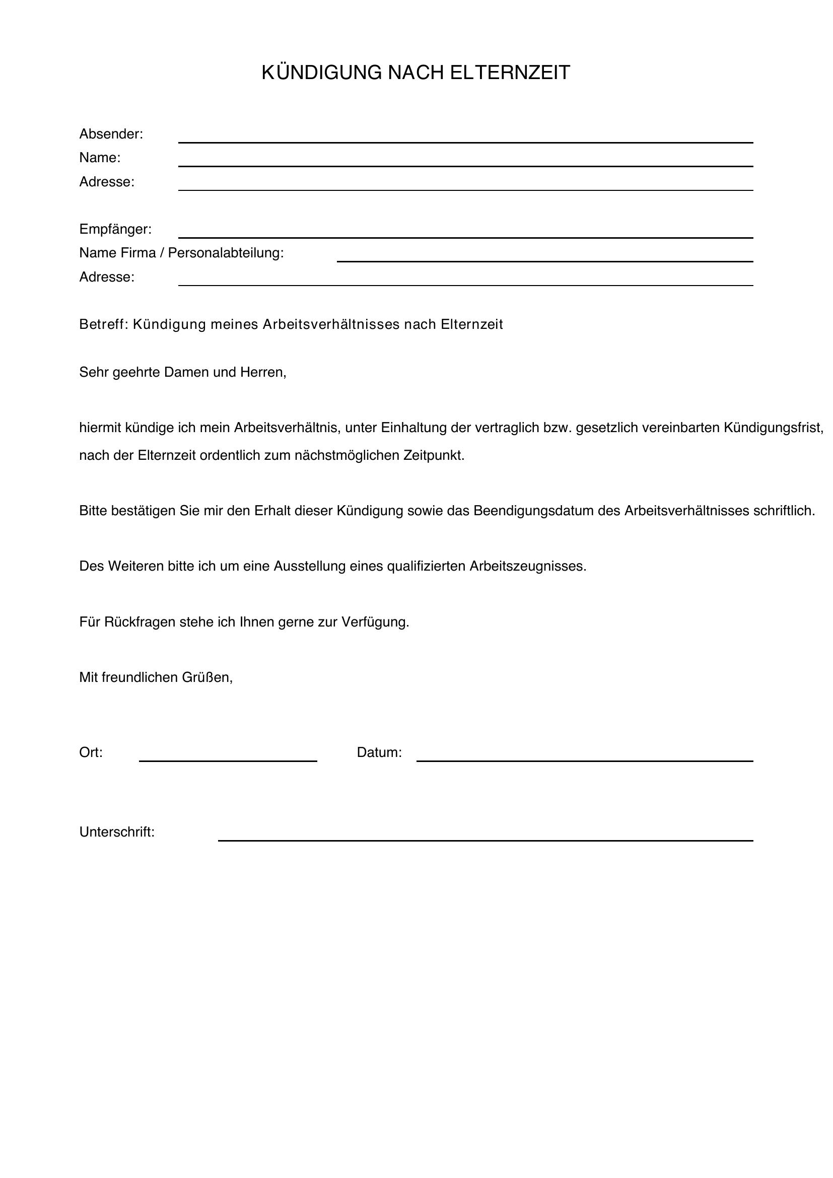 Kündigung Nach Elternzeit Vorlage