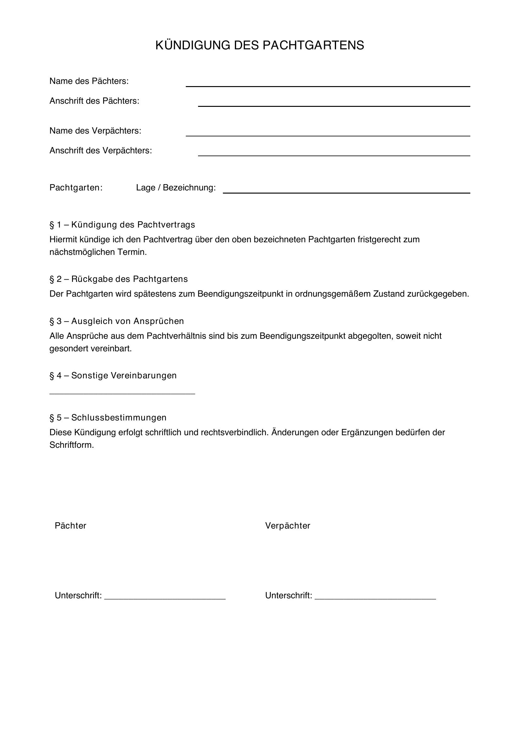 Kündigung Pachtgarten Vorlage