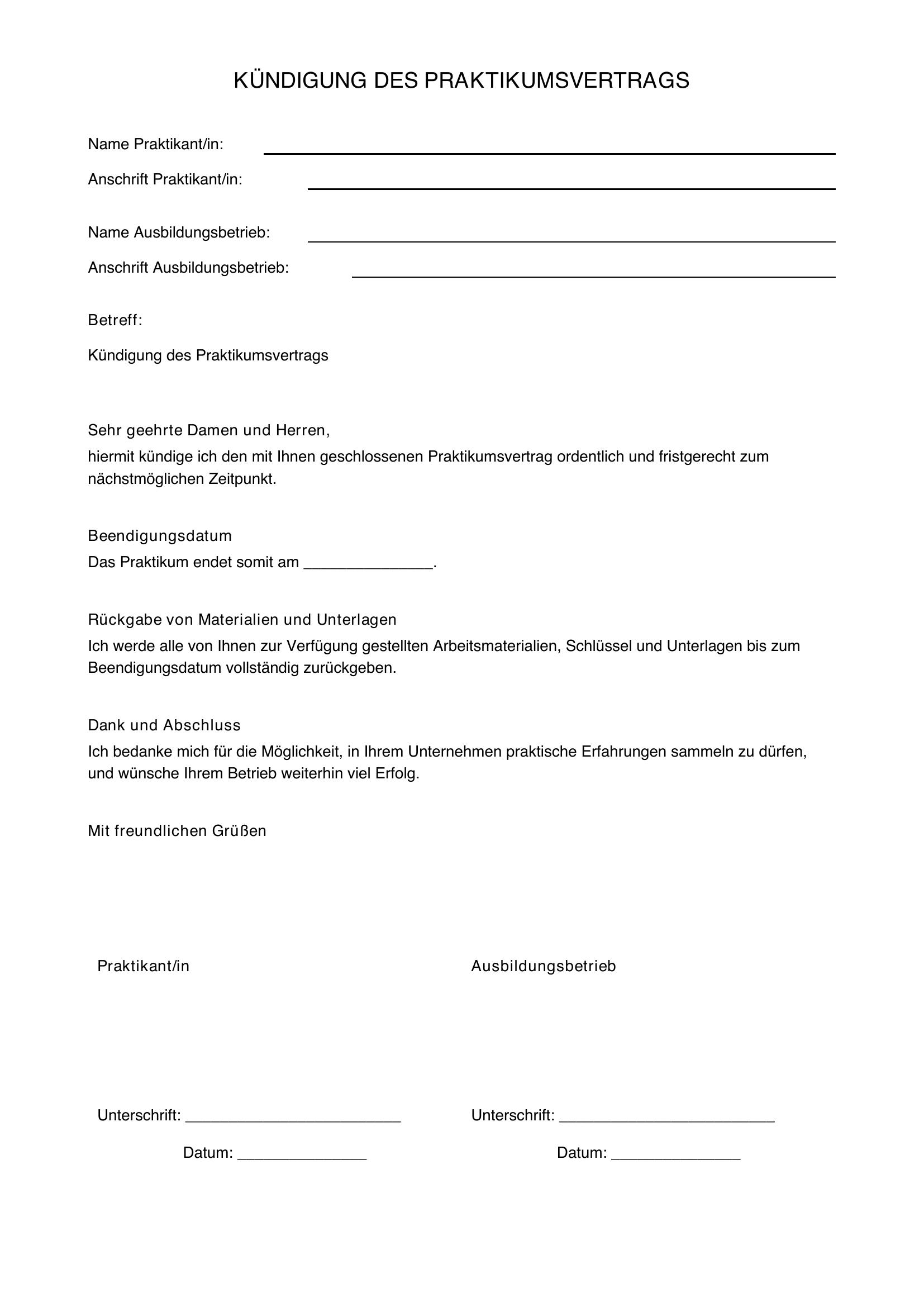 Kündigung Praktikumsvertrag Vorlage