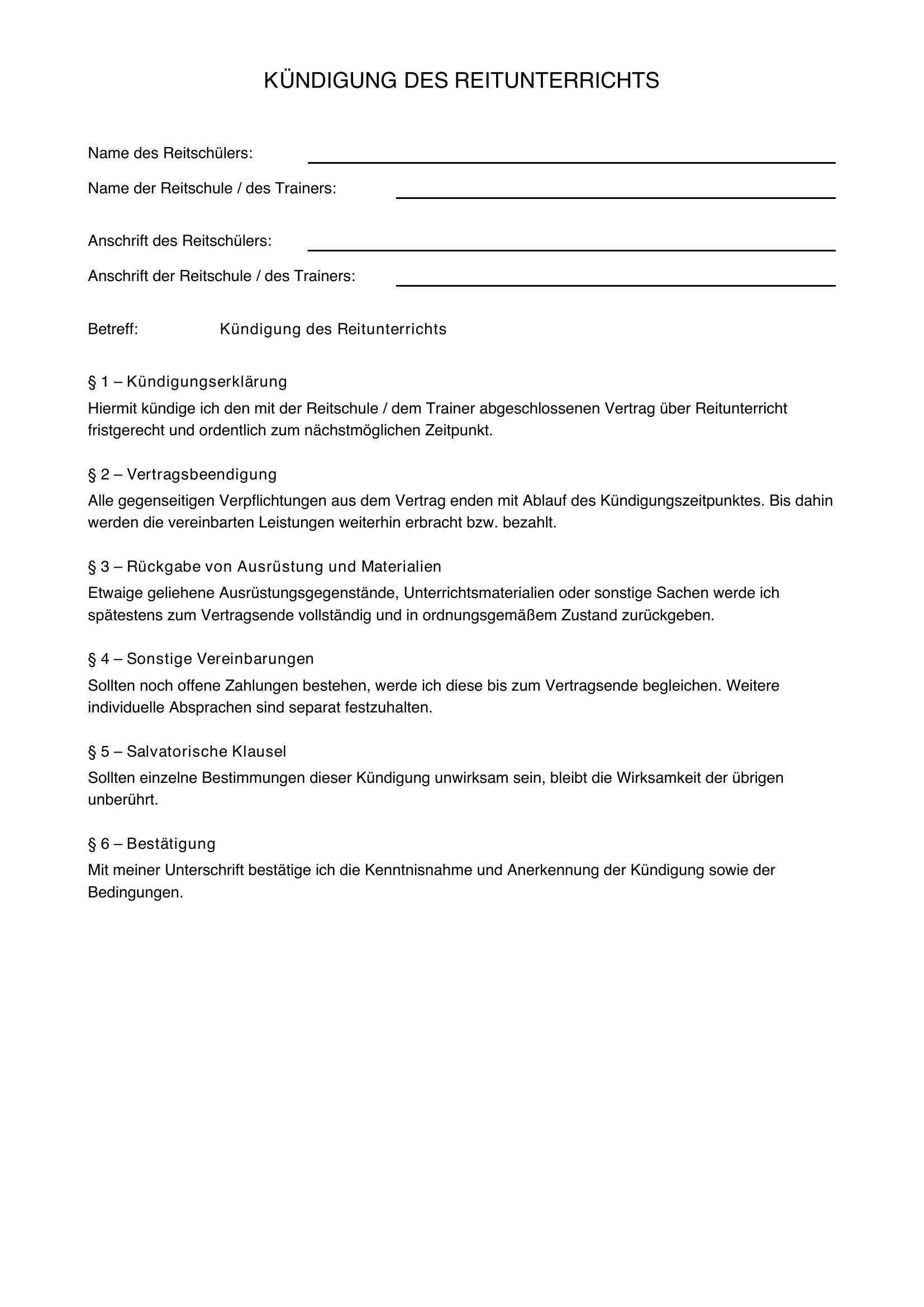 Kündigung Reitunterricht Vorlage