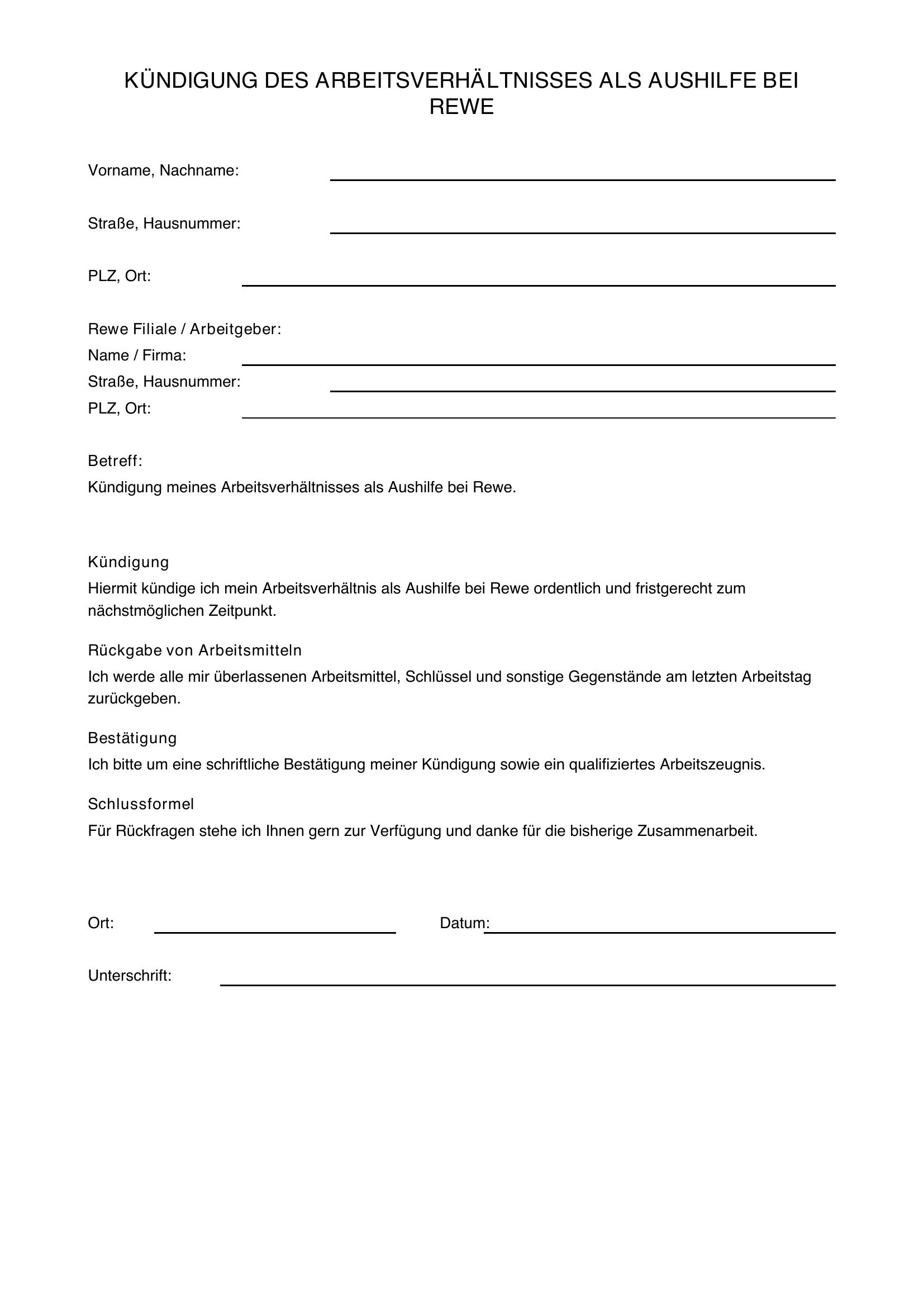 Kündigung Rewe Aushilfe Muster