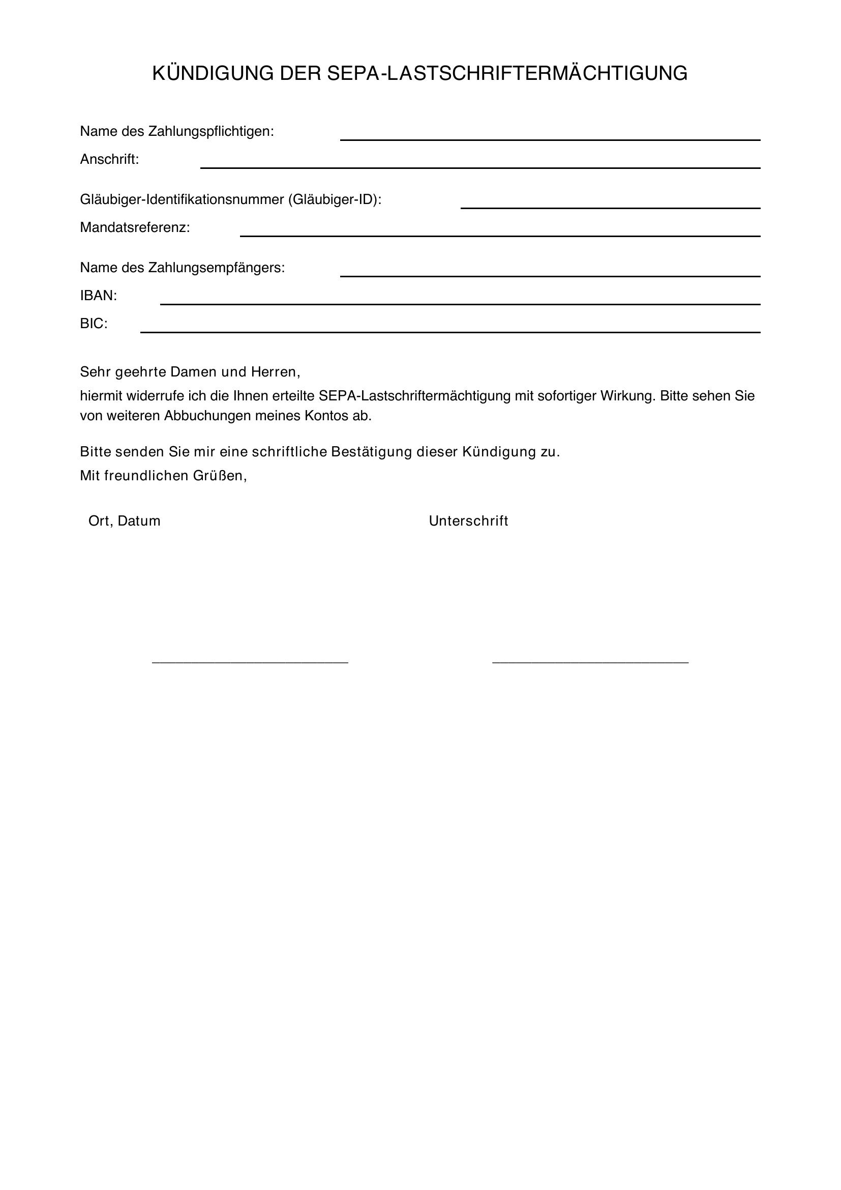 Kündigung Sepa-Lastschrift Vordruck
