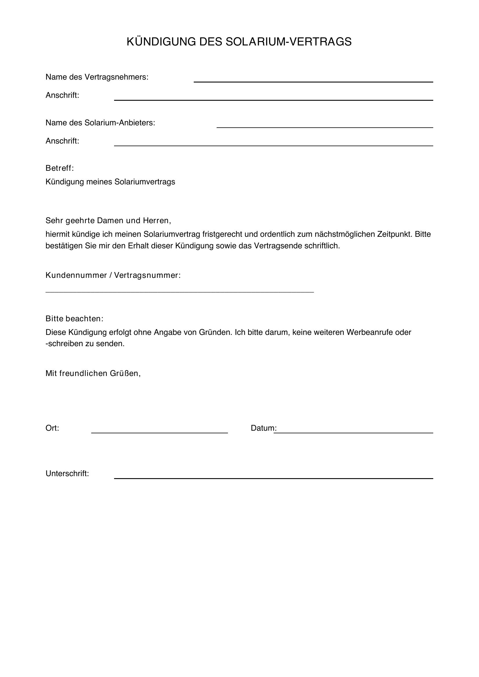 Kündigung Solarium Vorlage