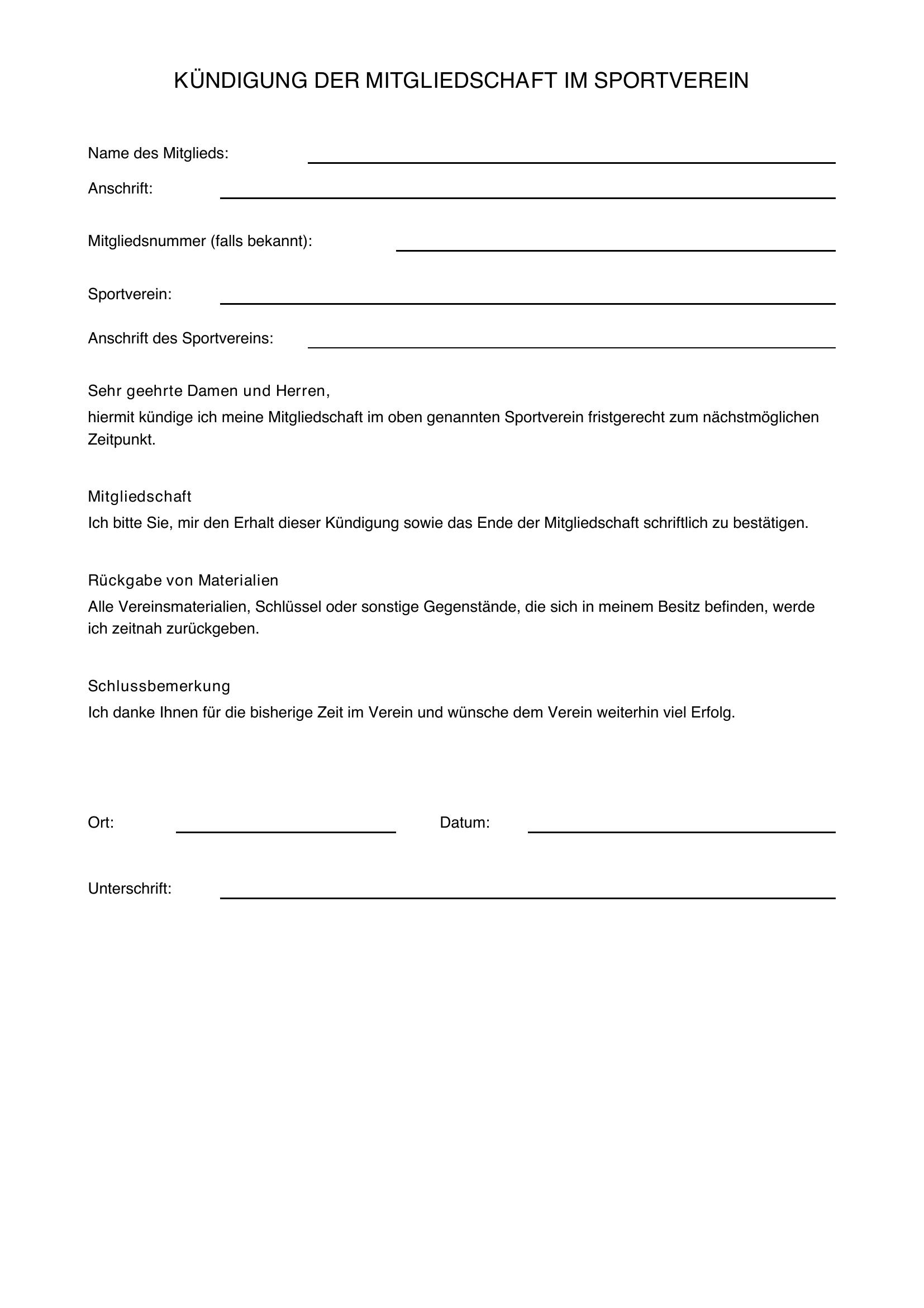 Kündigung Sportverein Vorlage