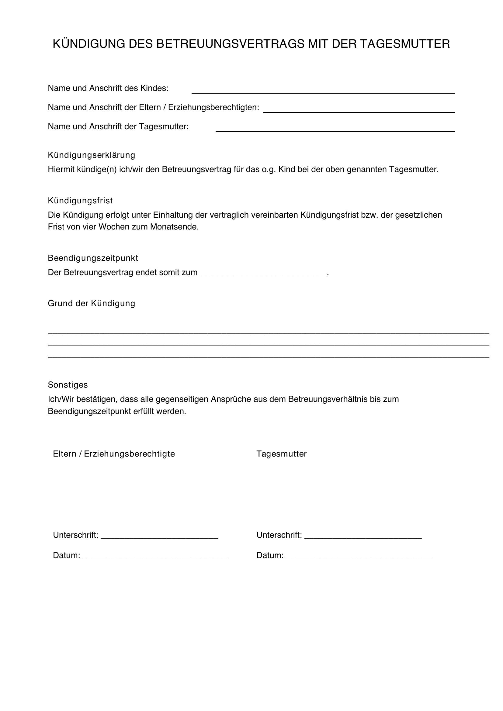 Kündigung Tagesmutter Vorlage