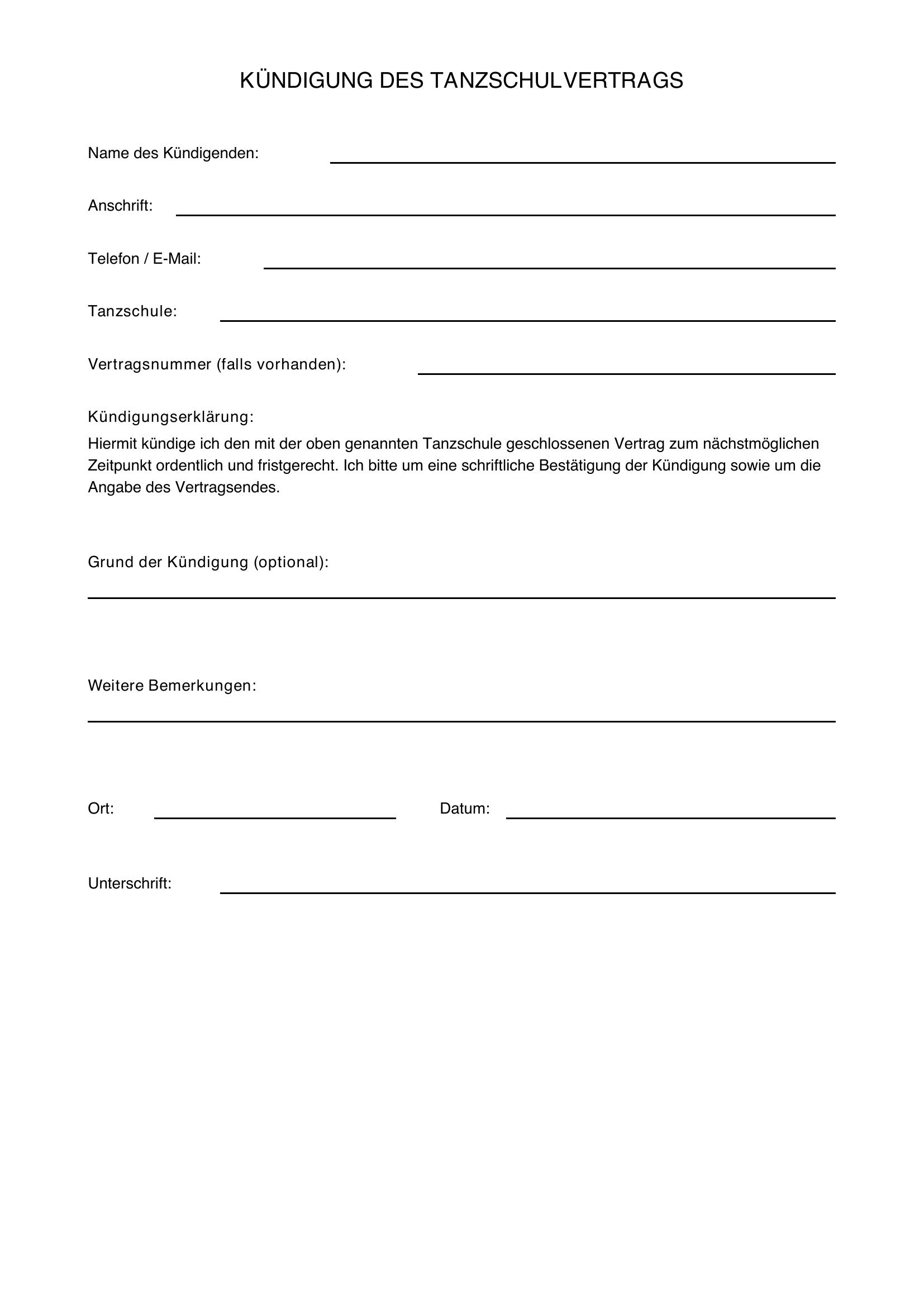 Kündigung Tanzschule Kind Muster