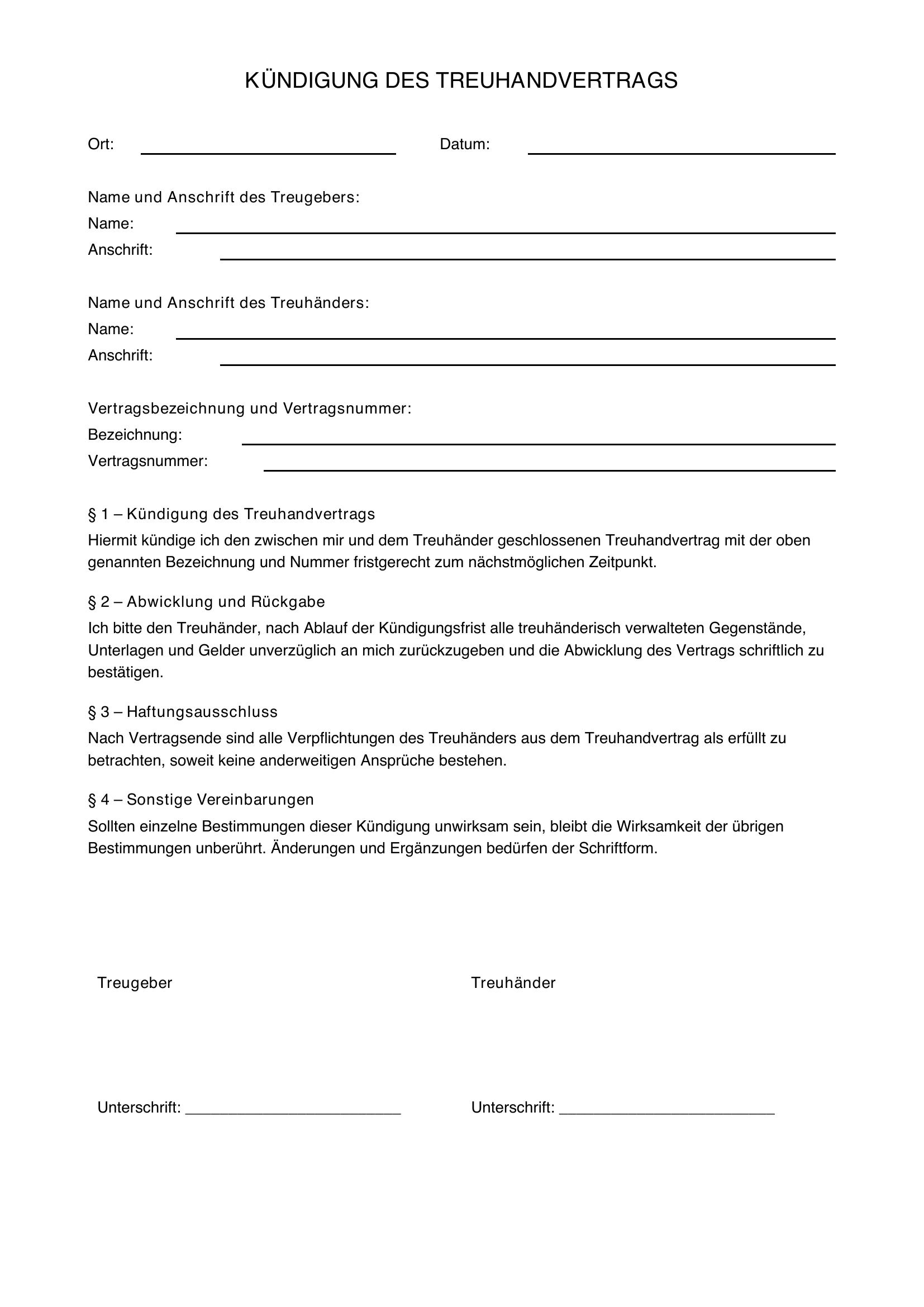 Kündigung Treuhandvertrag Muster