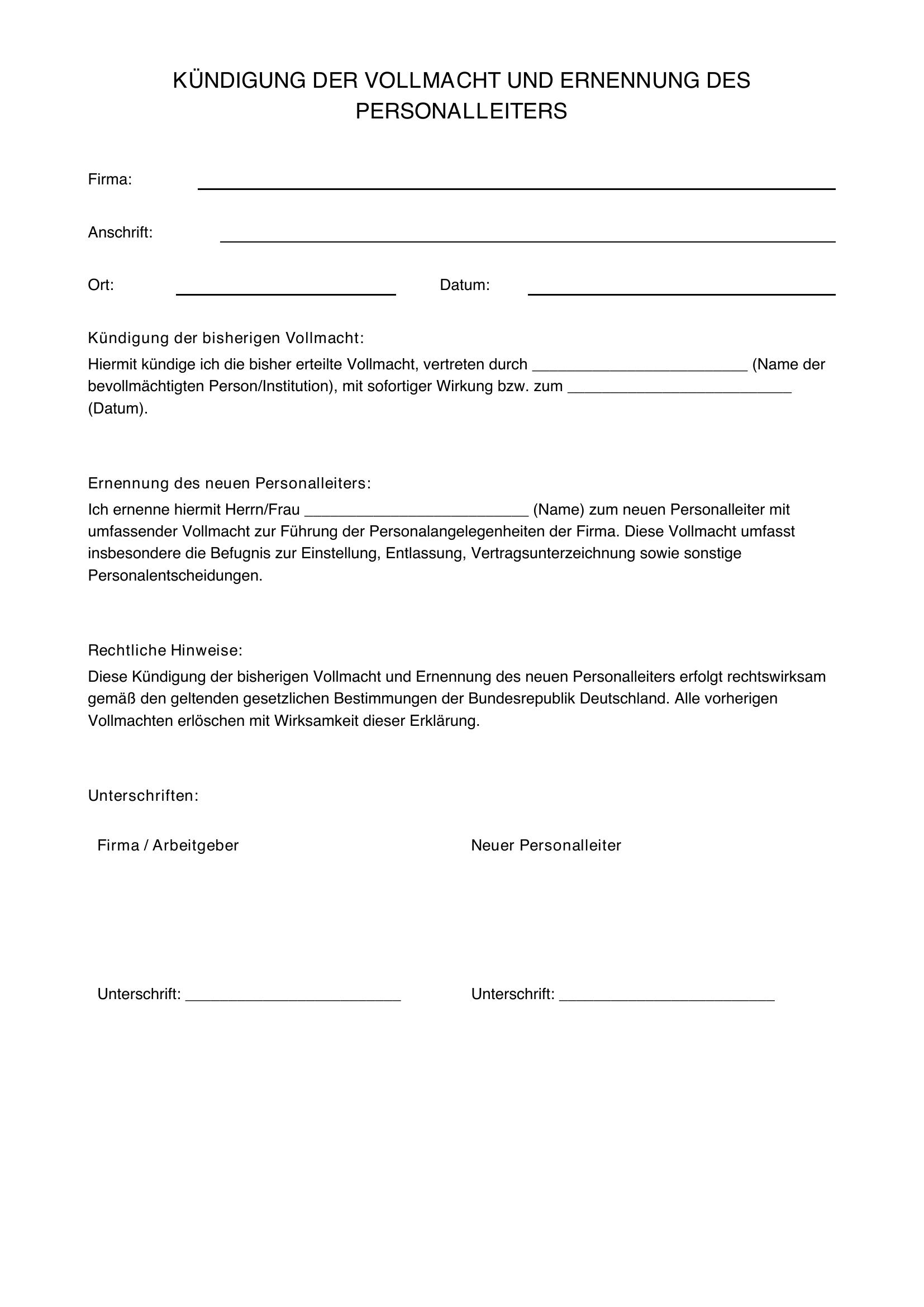 Kündigung Vollmacht Personalleiter Muster