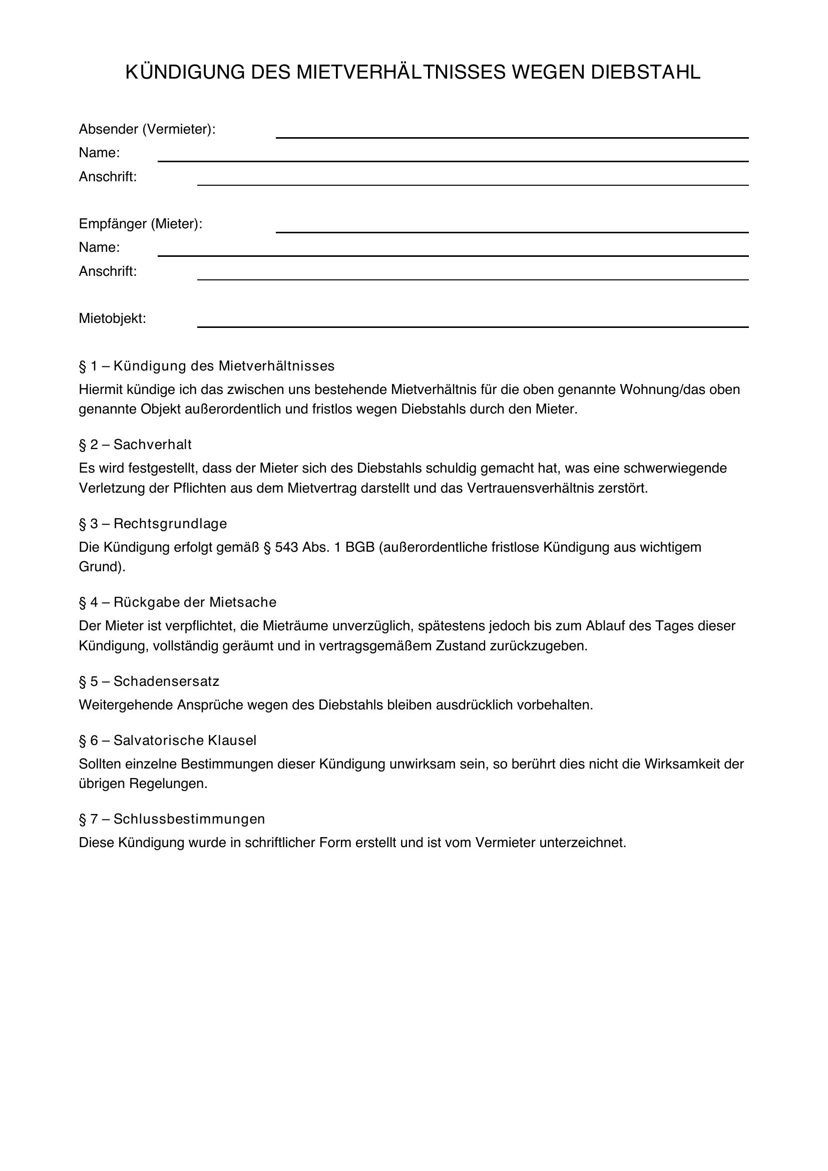 Kündigung Wegen Diebstahl Muster