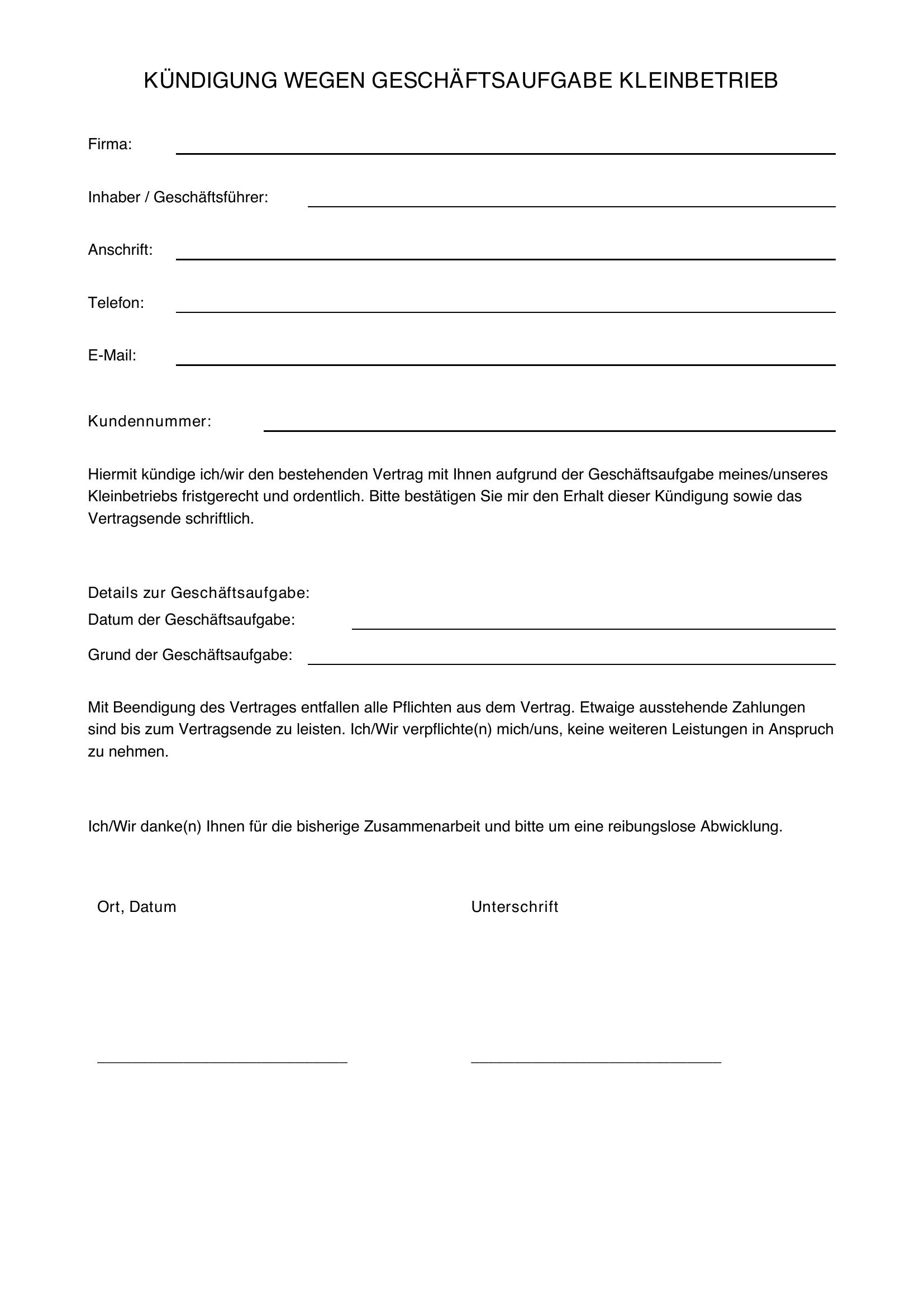 Kündigung Wegen Geschäftsaufgabe Kleinbetrieb Muster