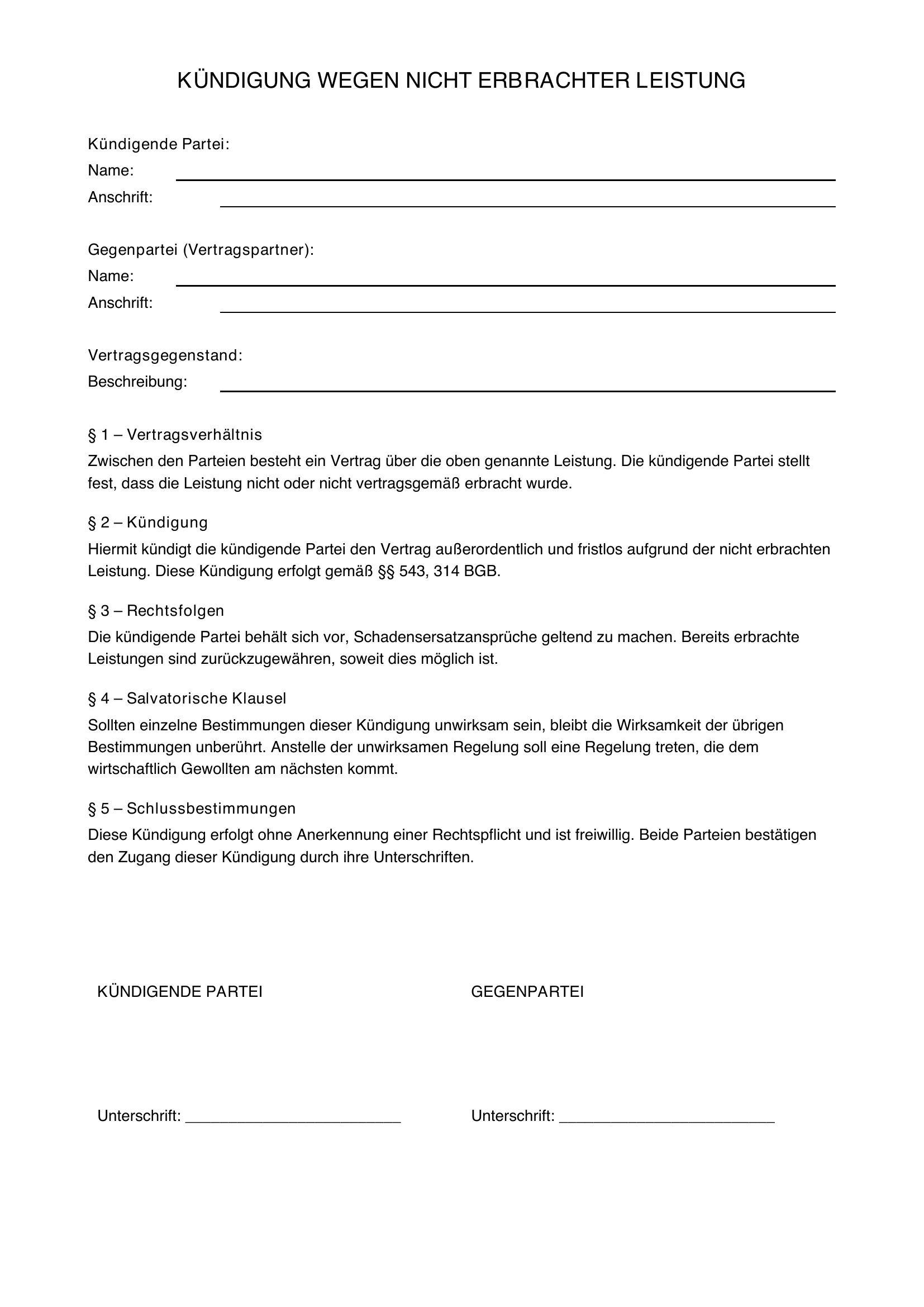 Kündigung Wegen Nicht Erbrachter Leistung Vorlage