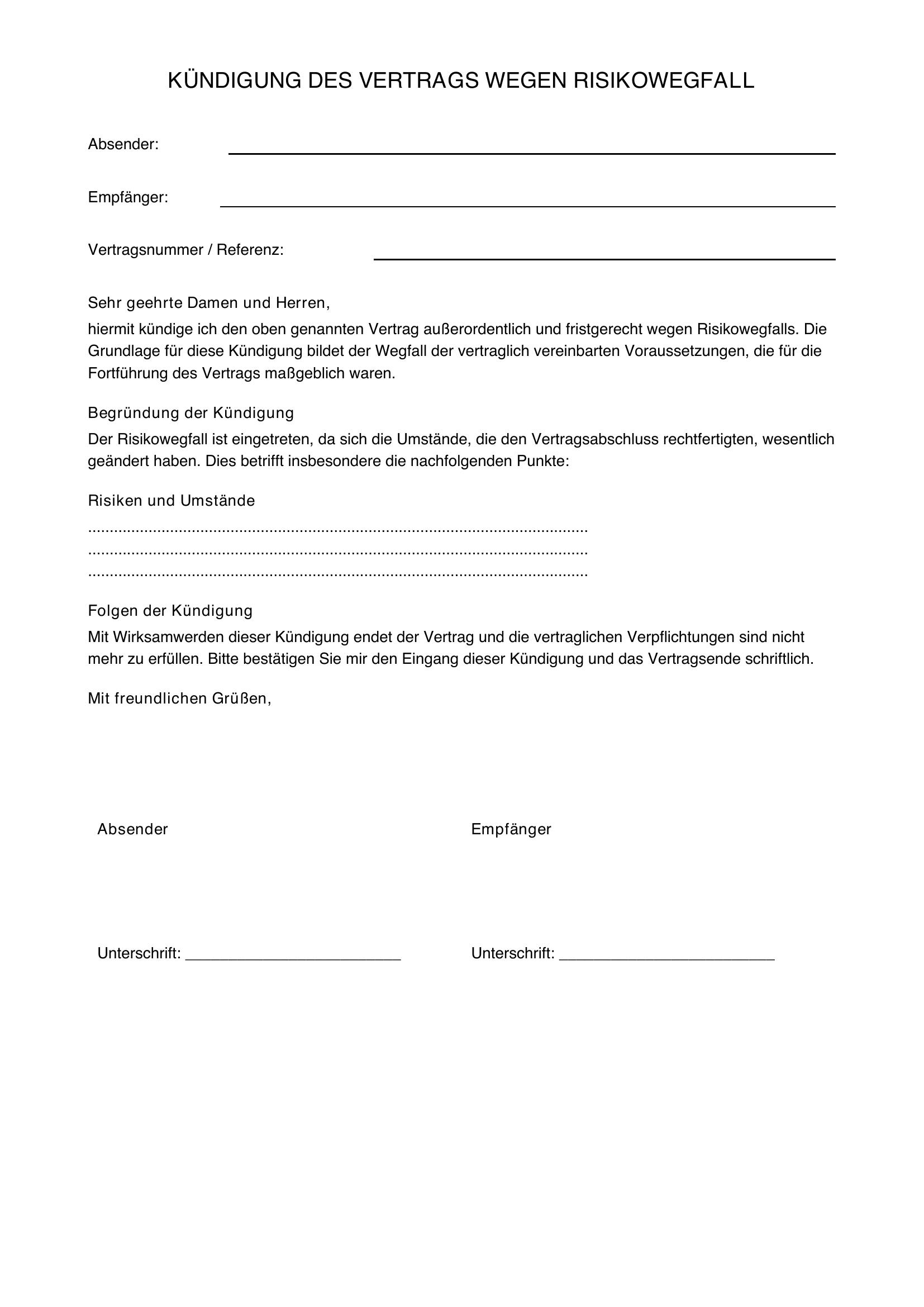 Kündigung Wegen Risikowegfall Muster