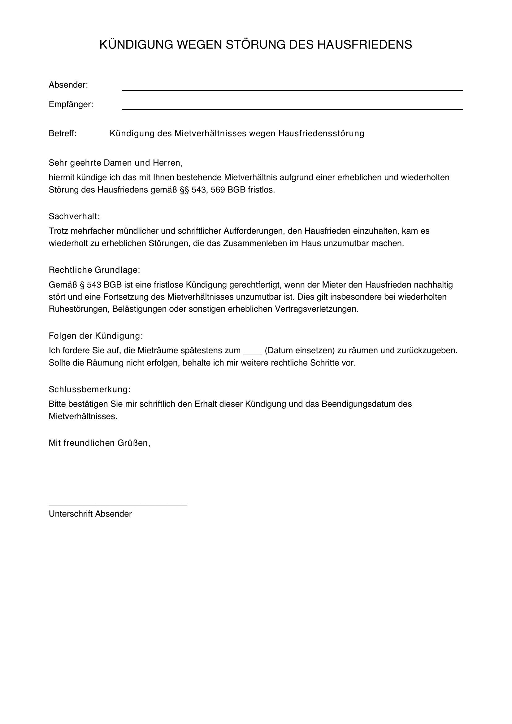 Kündigung Wegen Störung Des Hausfriedens Muster