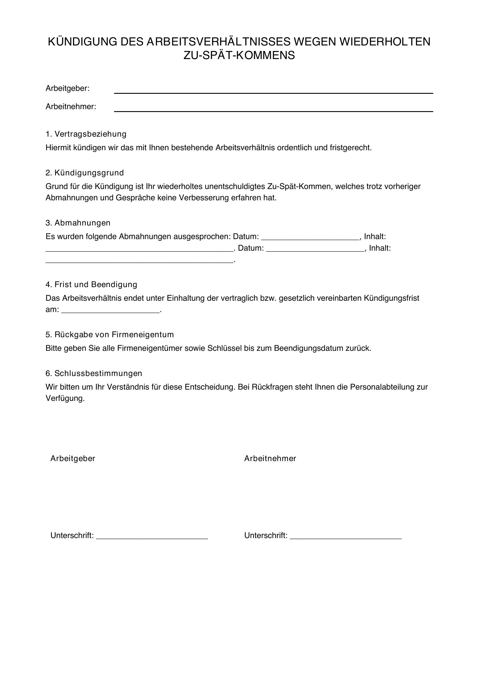 Kündigung Wegen Zu Spät Kommen Muster