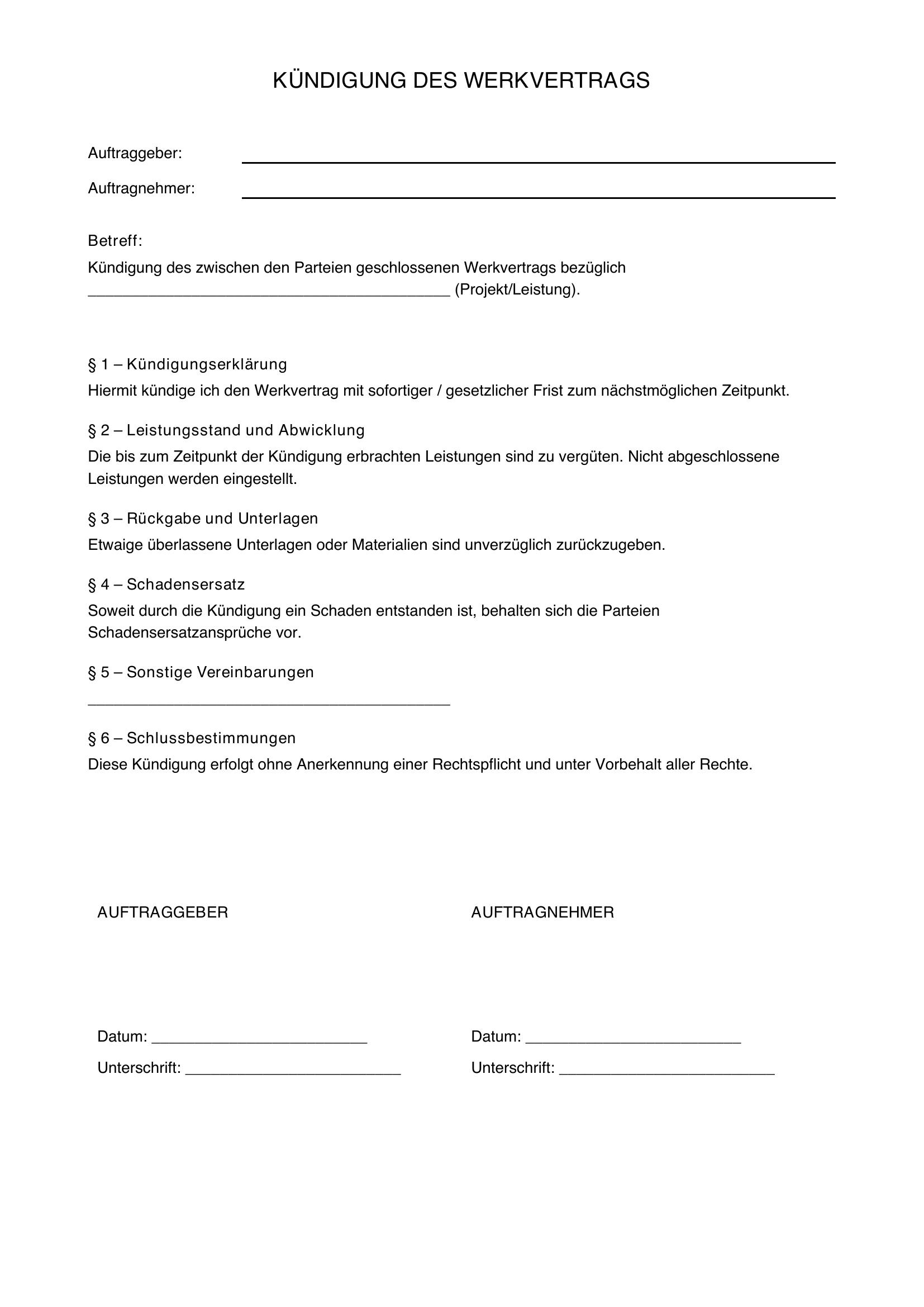 Kündigung Werkvertrag Muster