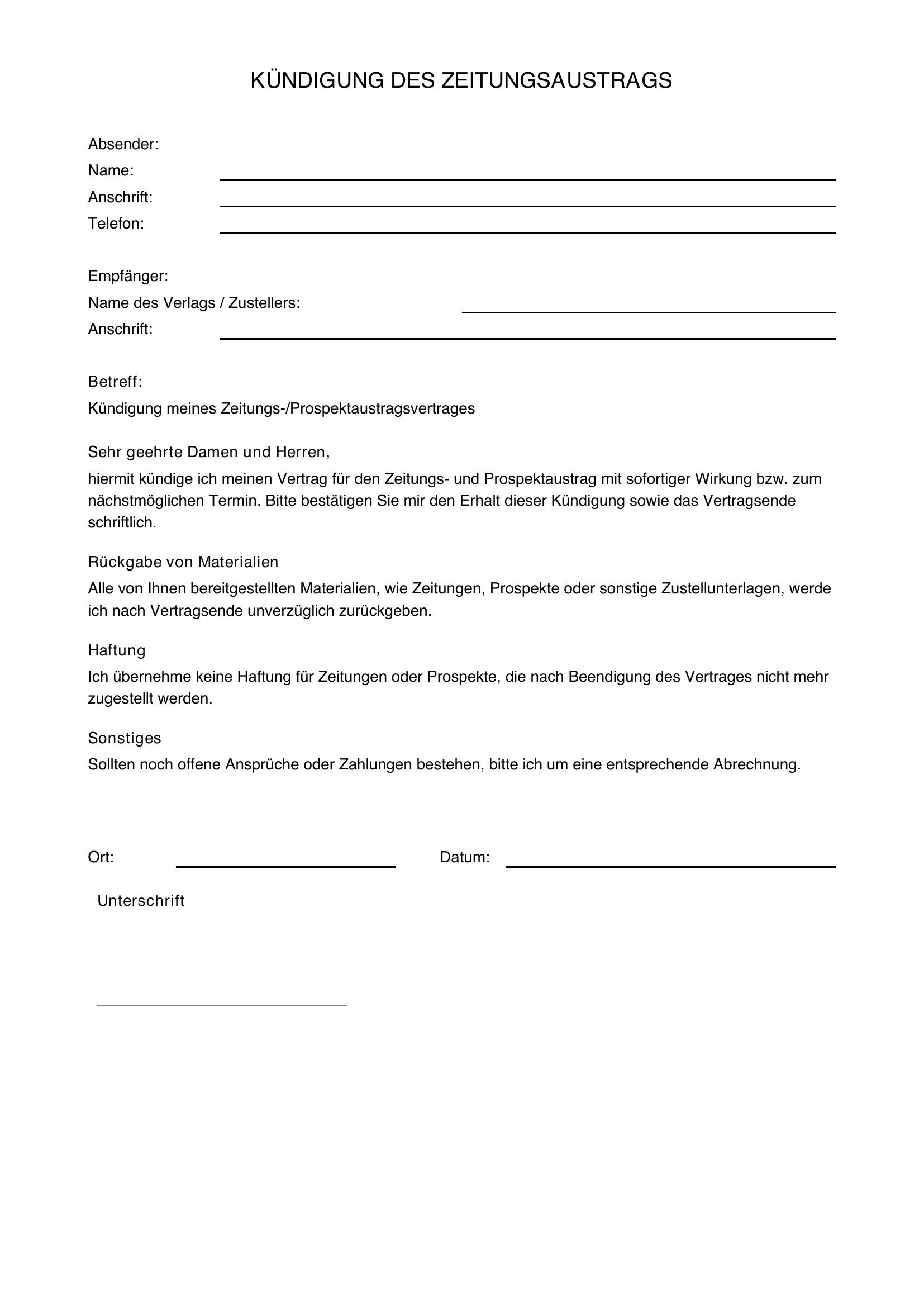 Kündigung Zeitung Austragen Vorlage
