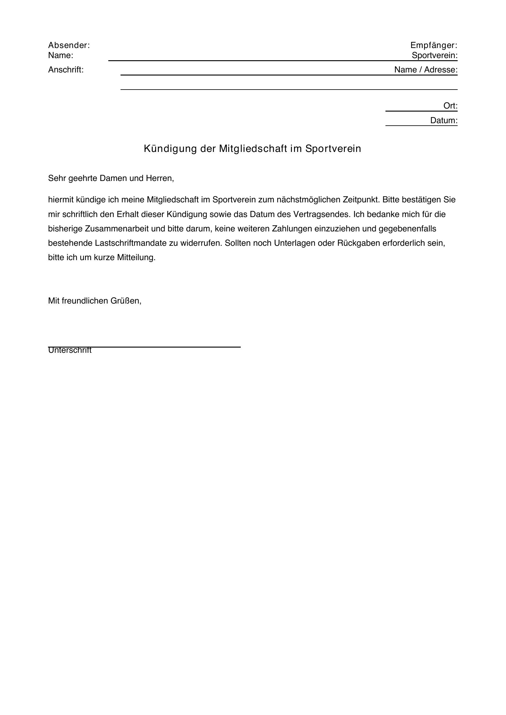 Kündigungsschreiben Sportverein