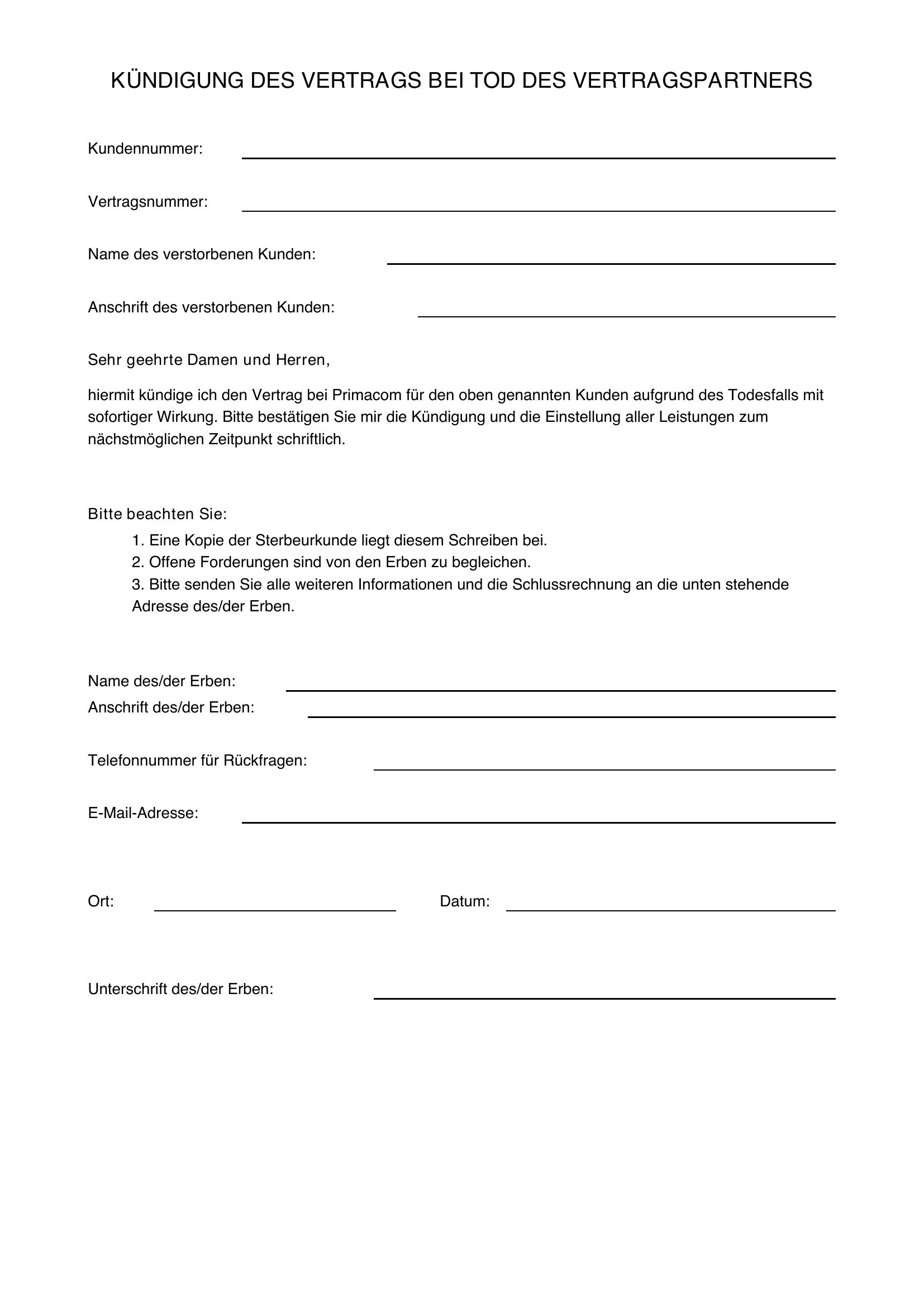 Primacom Kündigen Todesfall