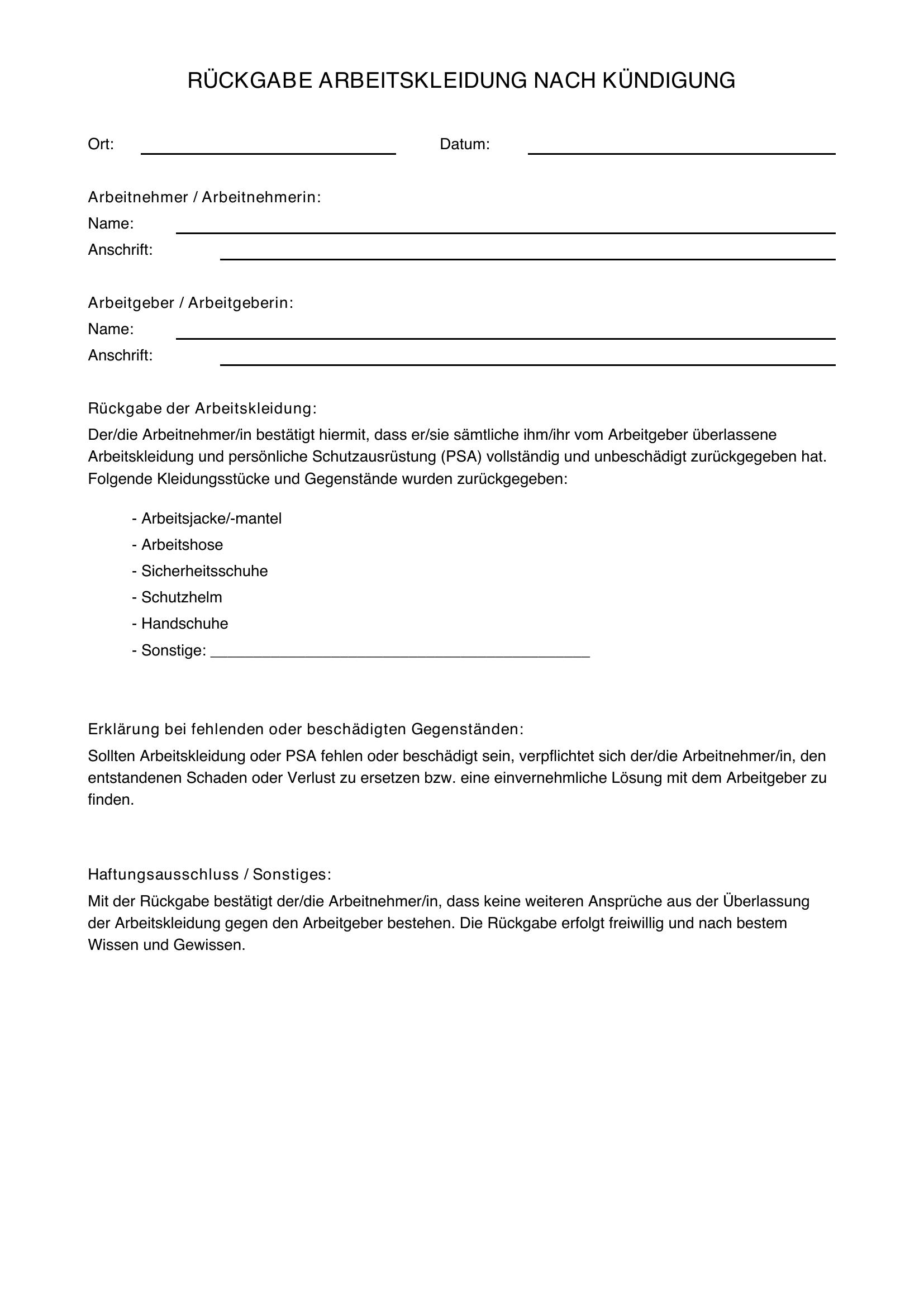 Rückgabe Arbeitskleidung Nach Kündigung Vorlage