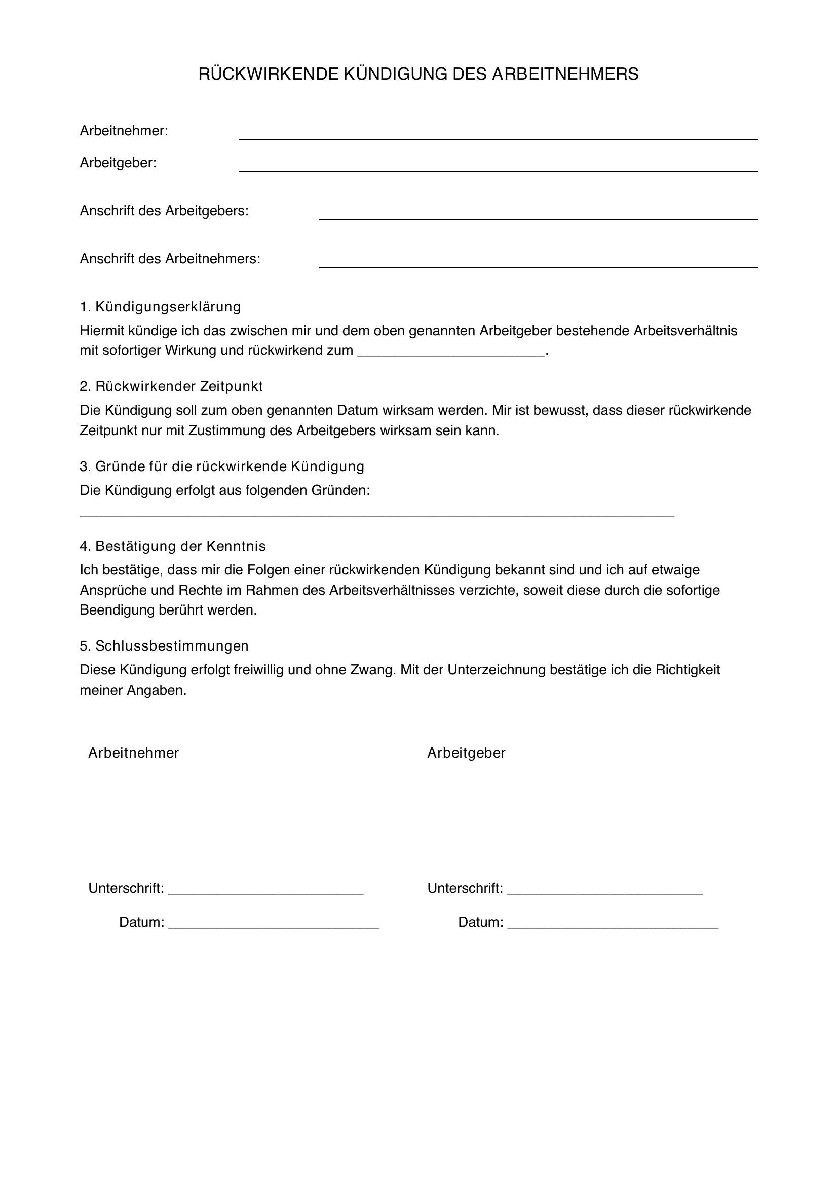 Rückwirkende Kündigung Arbeitnehmer Vorlage