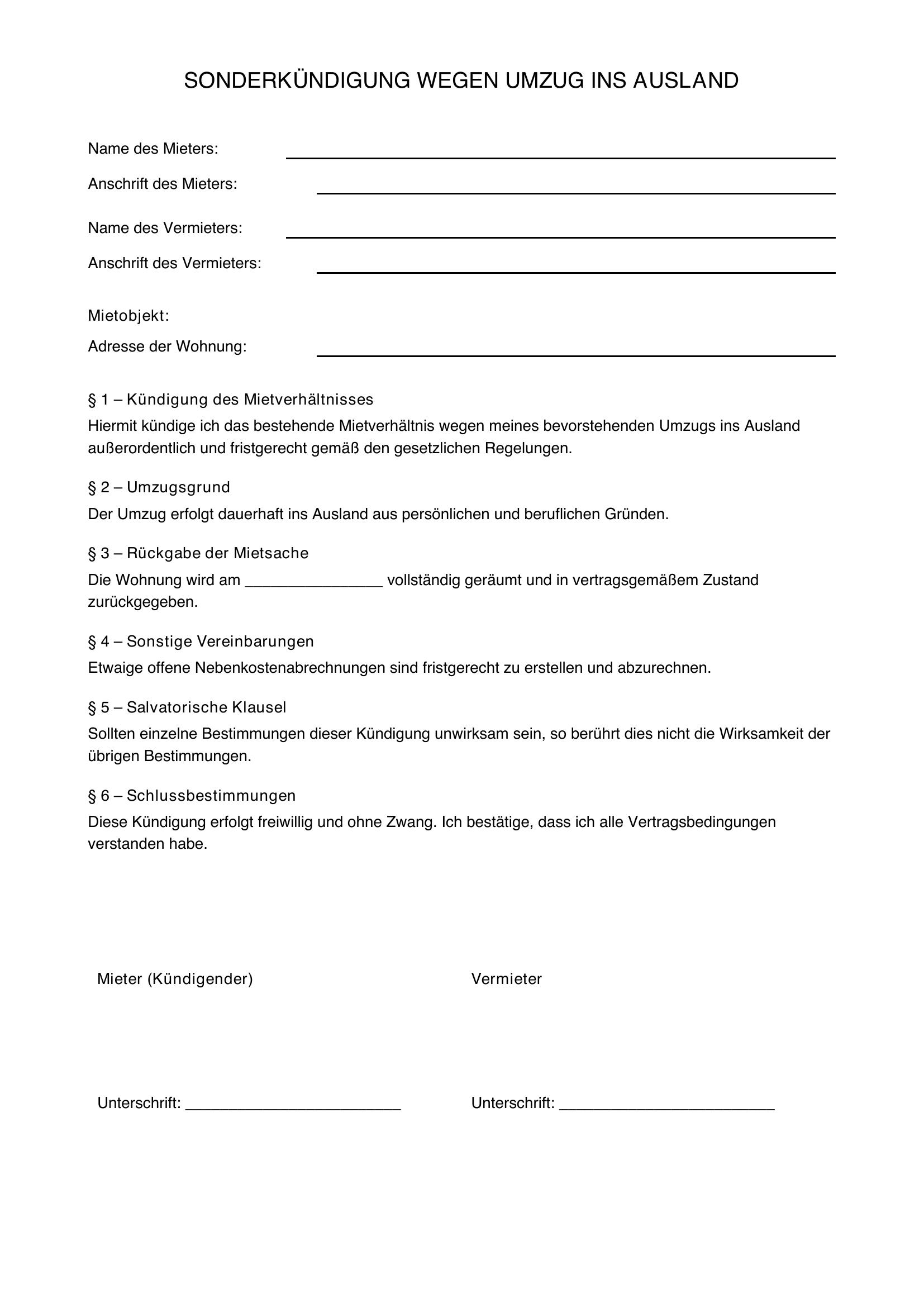 Sonderkündigung Wegen Umzug Ins Ausland Muster