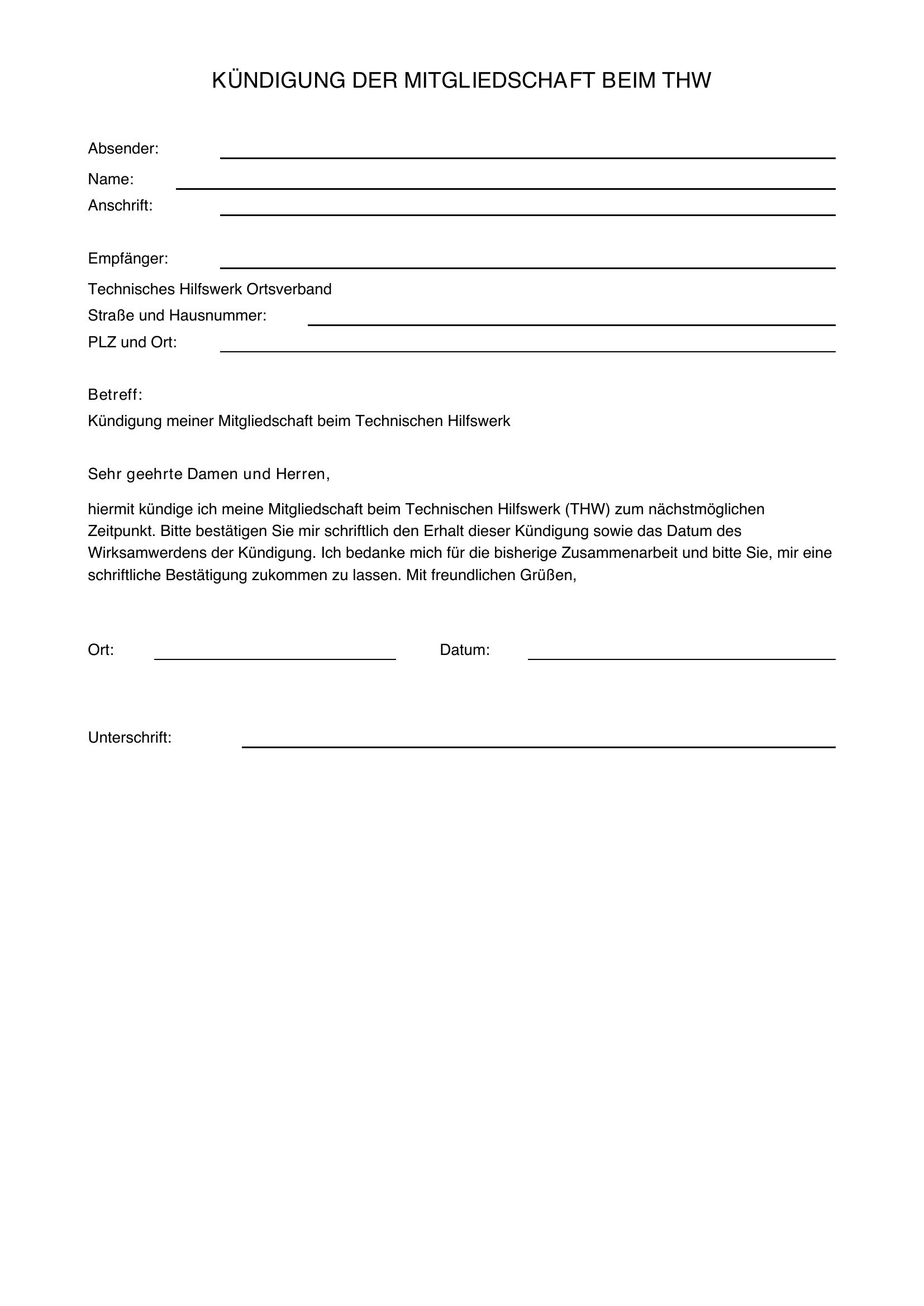 Thw Kündigung Vorlage